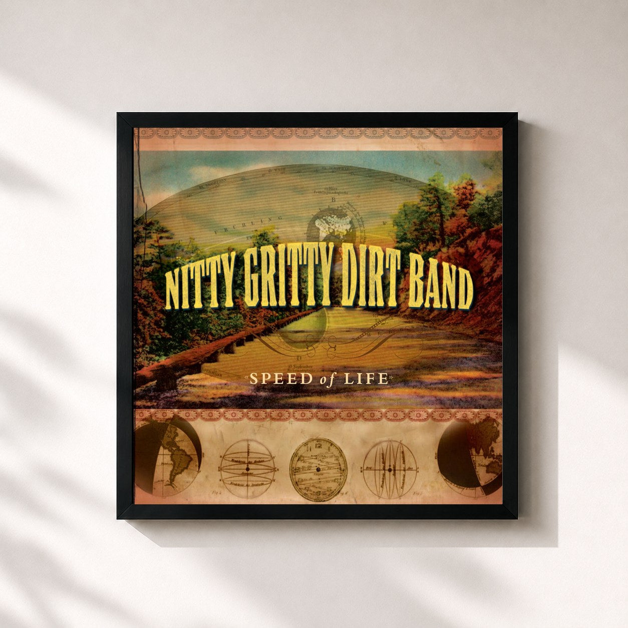 #noir Tableau carré de l'album Speed of Life de Nitty Gritty Dirt Band, cadre noir 32x32 cm