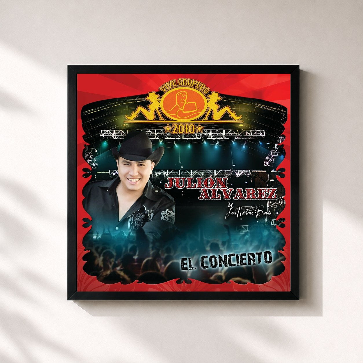 #noir Tableau carré de l'album Vive Grupero El Concierto de Julion Alvarez Y Su Norteño Banda, cadre noir 32x32 cm