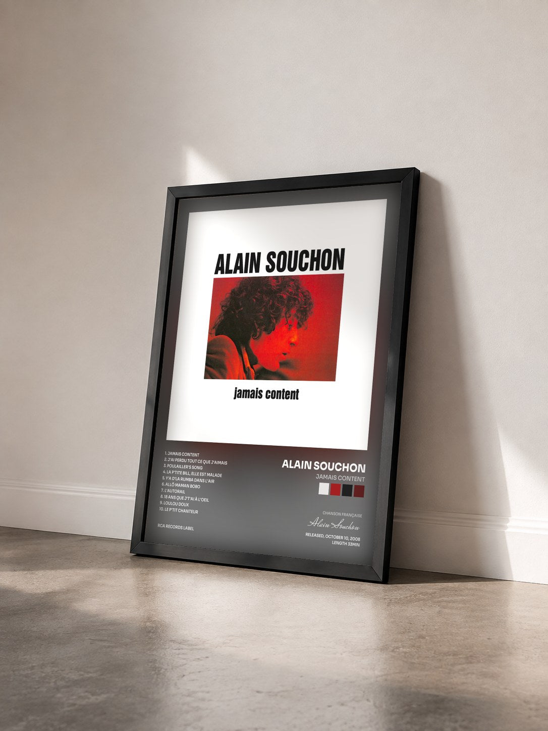 #noir Jamais Content von Alain Souchon als gerahmter Kunstdruck von schräg gesehen, schwarzer Rahmen