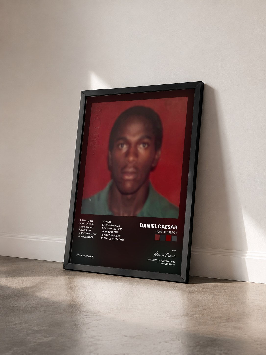 #noir Tableau de l'album Son Of Spergy de Daniel Caesar vu de trois quarts, cadre noir