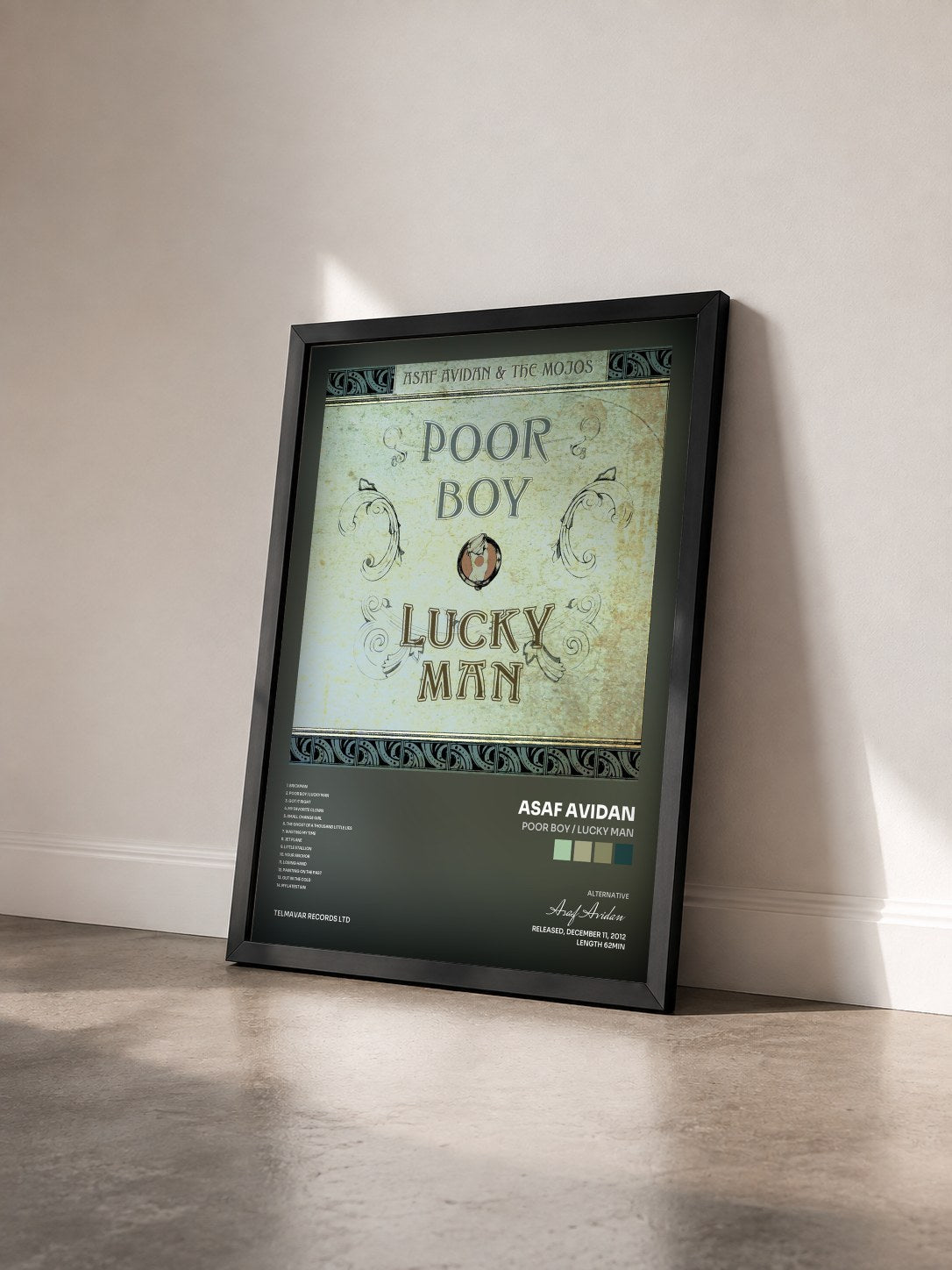 #noir Tableau de l'album Poor Boy / Lucky Man de Asaf Avidan vu de trois quarts, cadre noir