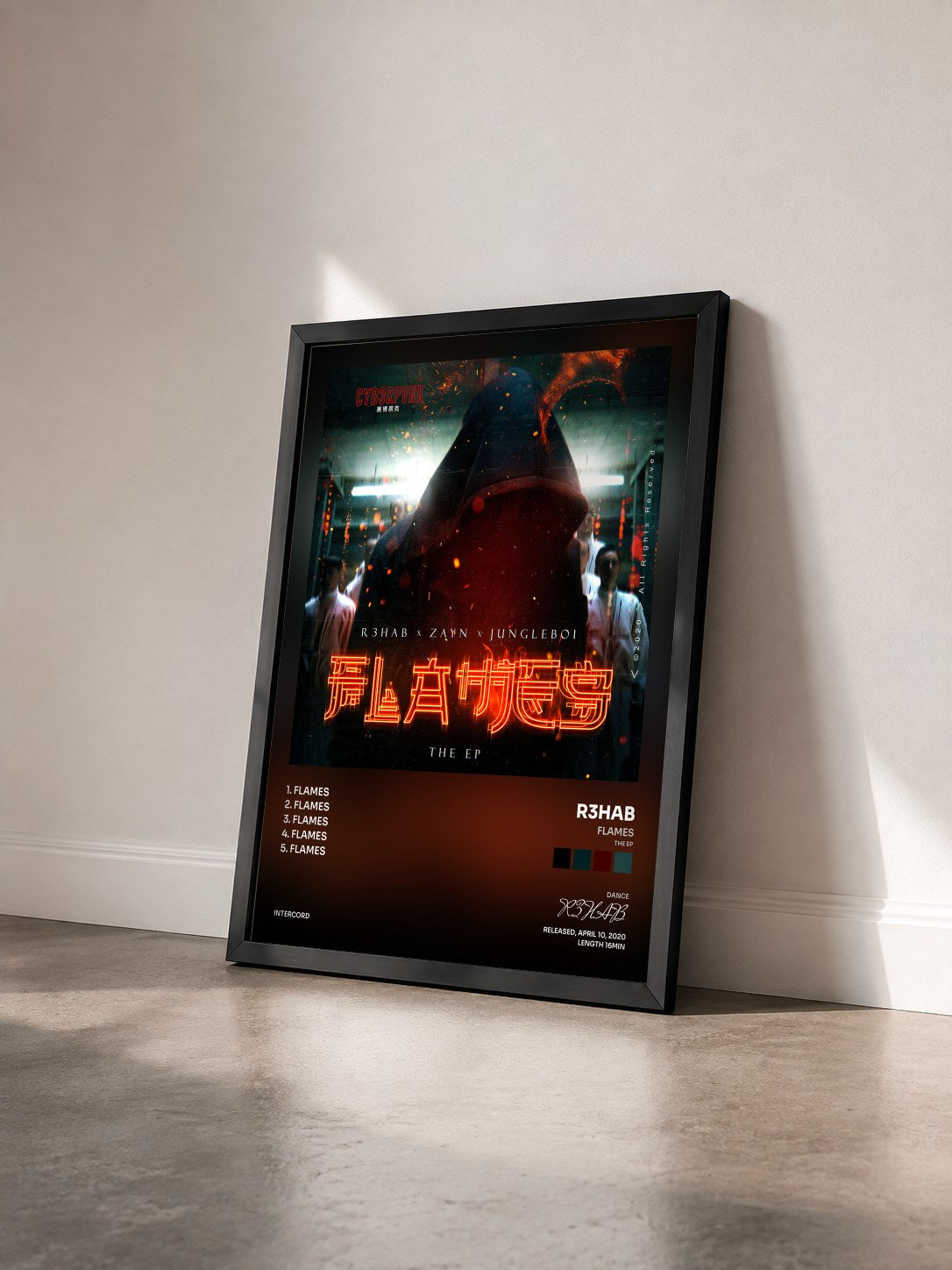 #noir Tableau de l'album Flames (The EP) de R3HAB vu de trois quarts, cadre noir
