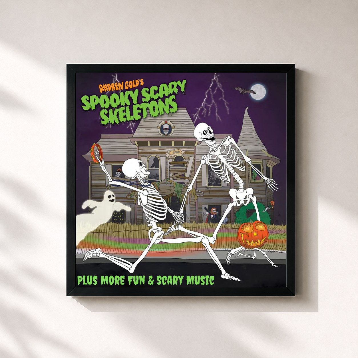 #noir Tableau carré de l'album Spooky, Scary Skeletons Plus More Fun & Scary Music de Andrew Gold, cadre noir 32x32 cm