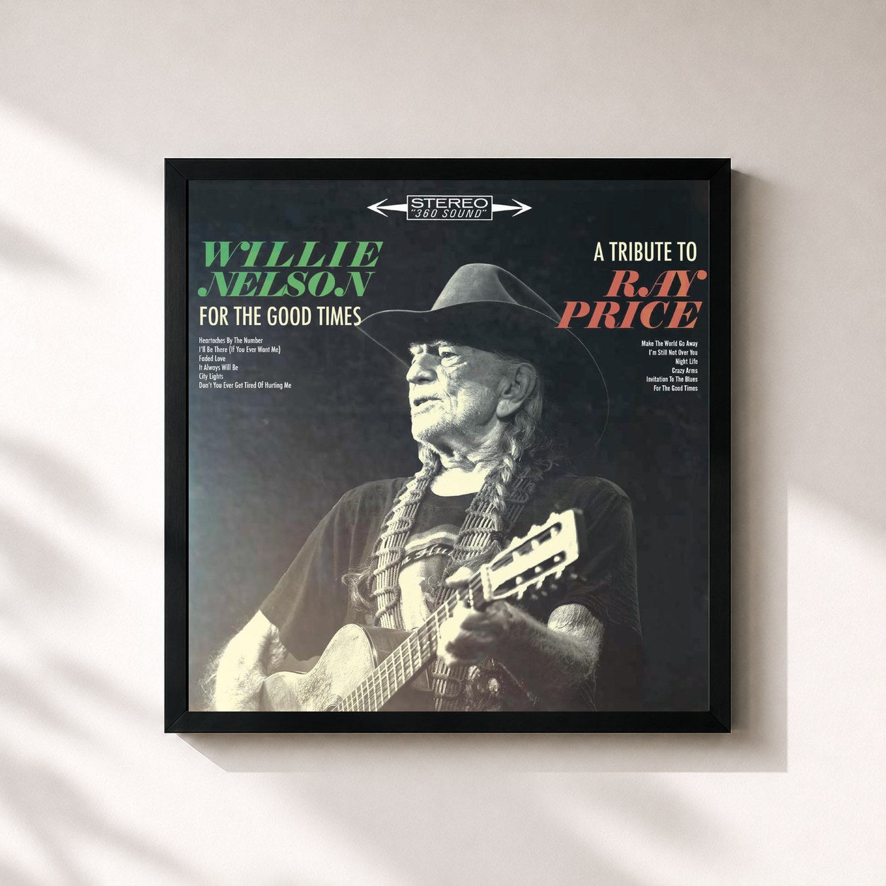 #noir Tableau carré de l'album For the Good Times: A Tribute to Ray Price de Willie Nelson, cadre noir 32x32 cm