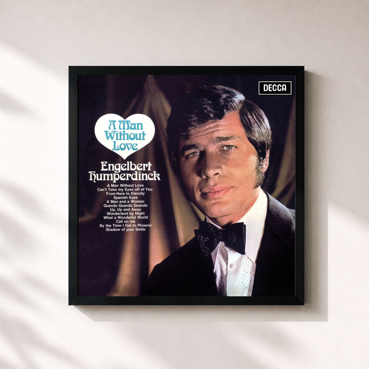 #noir Tableau carré de l'album A Man Without Love de Engelbert Humperdinck, cadre noir 32x32 cm