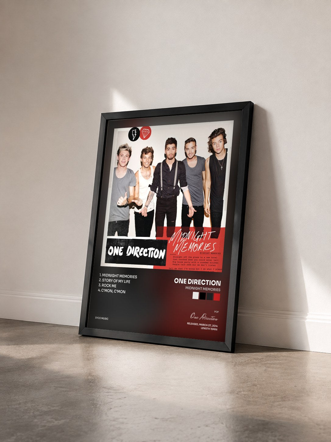 #noir Midnight Memories by One Direction as a framed art print seen at an angle, black frame