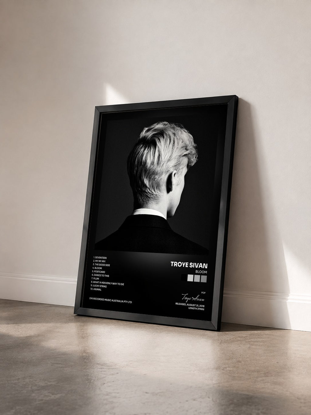 #noir Tableau de l'album Bloom de Troye Sivan vu de trois quarts, cadre noir