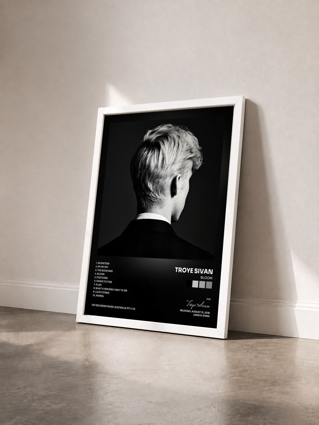 #blanc Tableau de l'album Bloom de Troye Sivan vu de trois quarts, cadre blanc