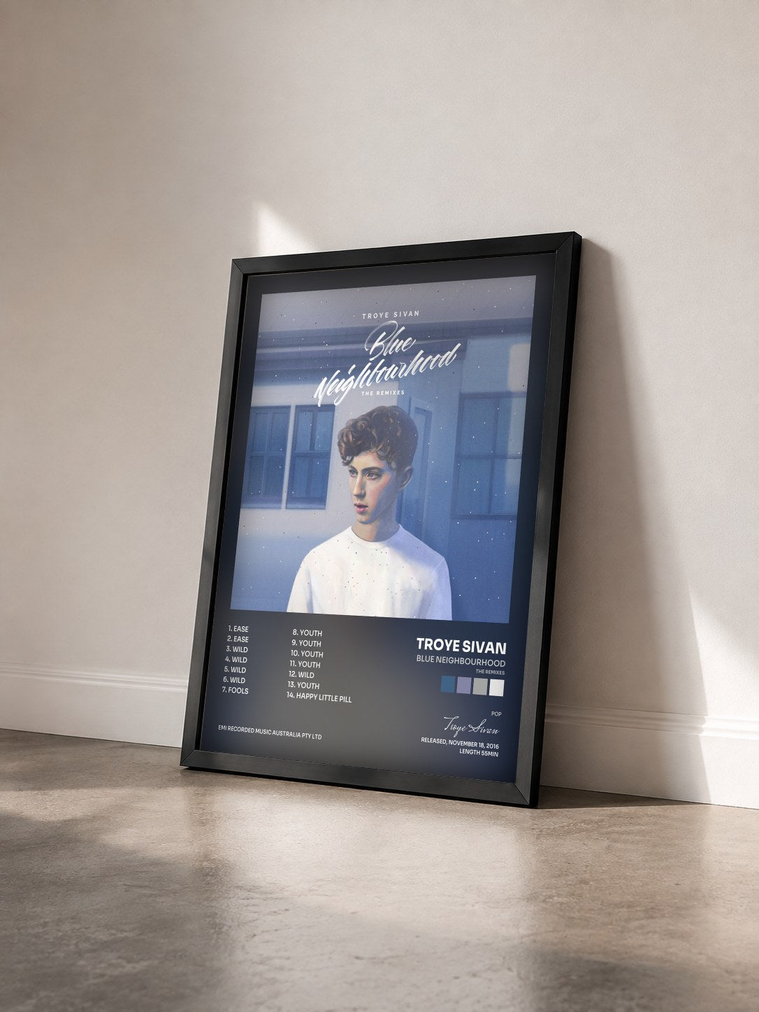#noir Tableau de l'album Blue Neighbourhood (The Remixes) de Troye Sivan vu de trois quarts, cadre noir