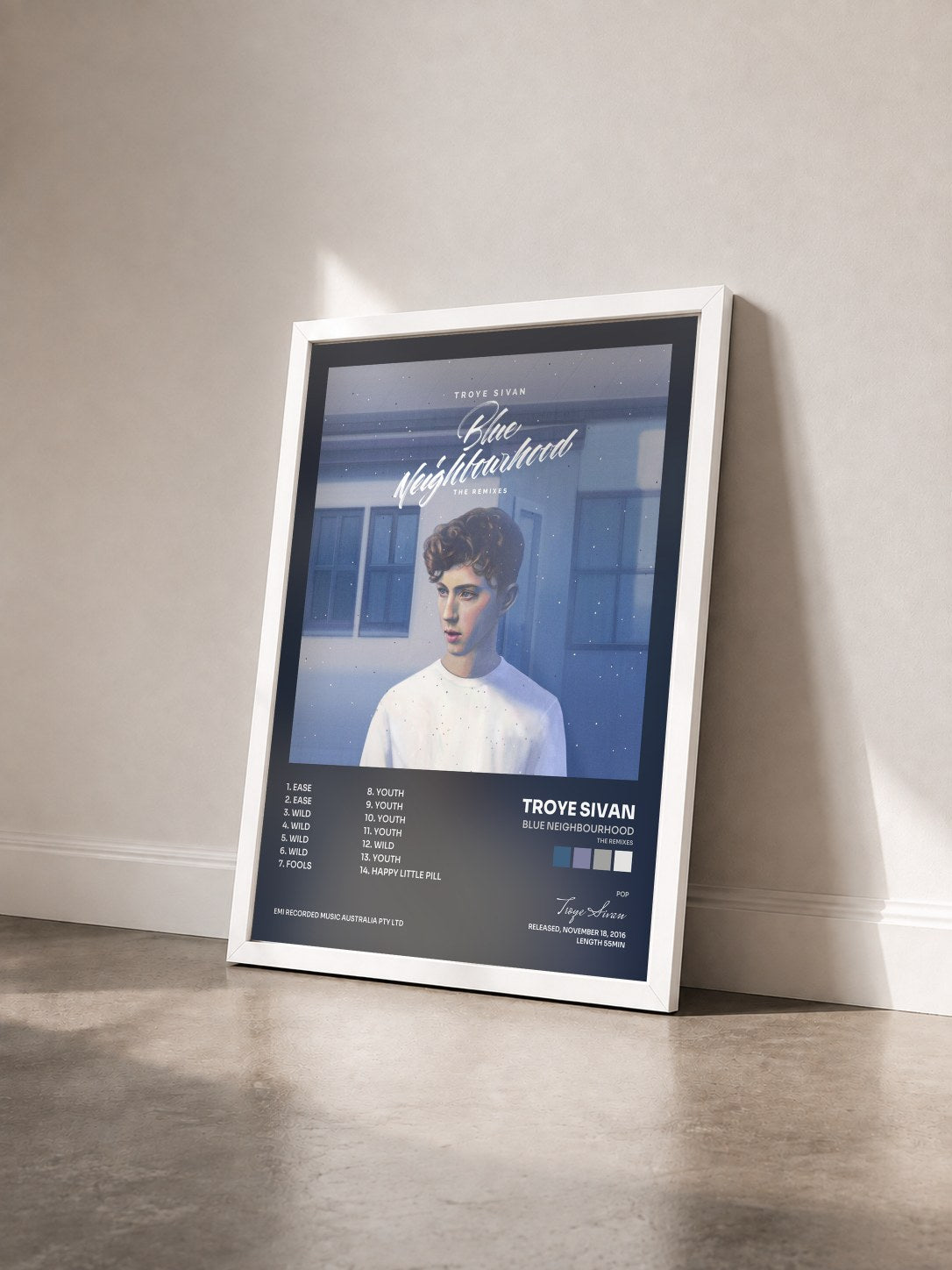 #blanc Tableau de l'album Blue Neighbourhood (The Remixes) de Troye Sivan vu de trois quarts, cadre blanc