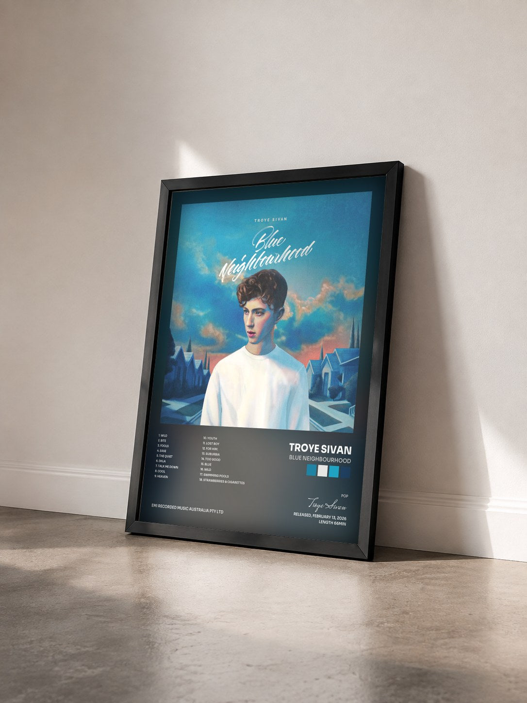 #noir Tableau de l'album Blue Neighbourhood de Troye Sivan vu de trois quarts, cadre noir