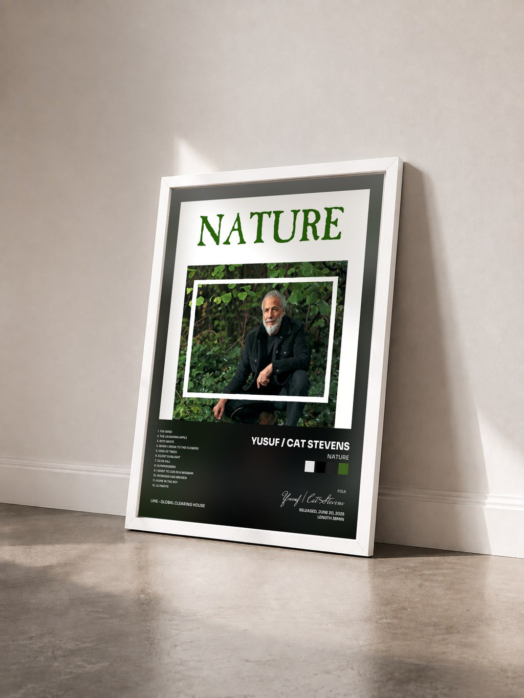 #blanc Tableau de l'album Nature de Yusuf / Cat Stevens vu de trois quarts, cadre blanc