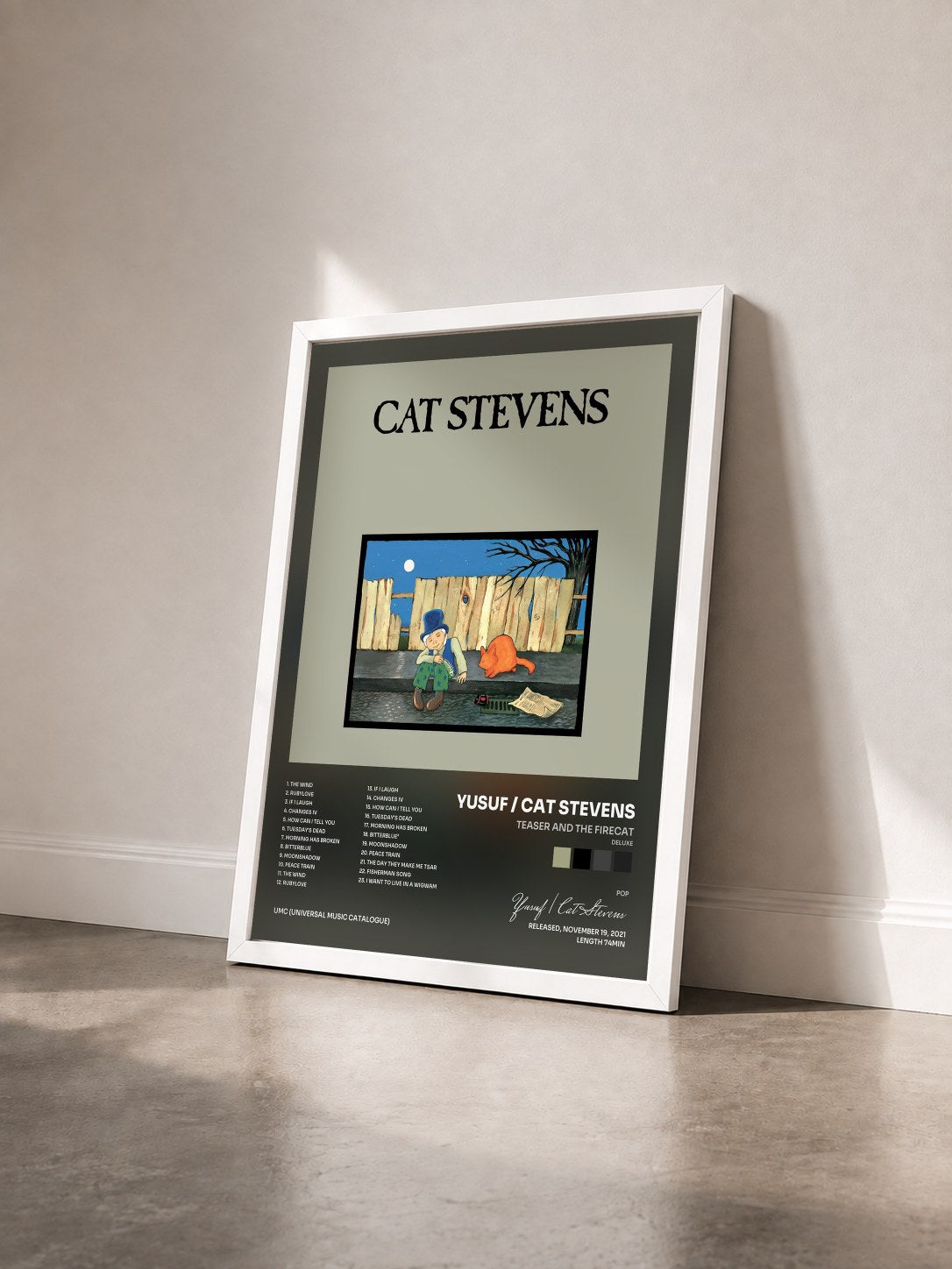 #blanc Tableau de l'album Teaser And The Firecat (Deluxe) de Yusuf / Cat Stevens vu de trois quarts, cadre blanc