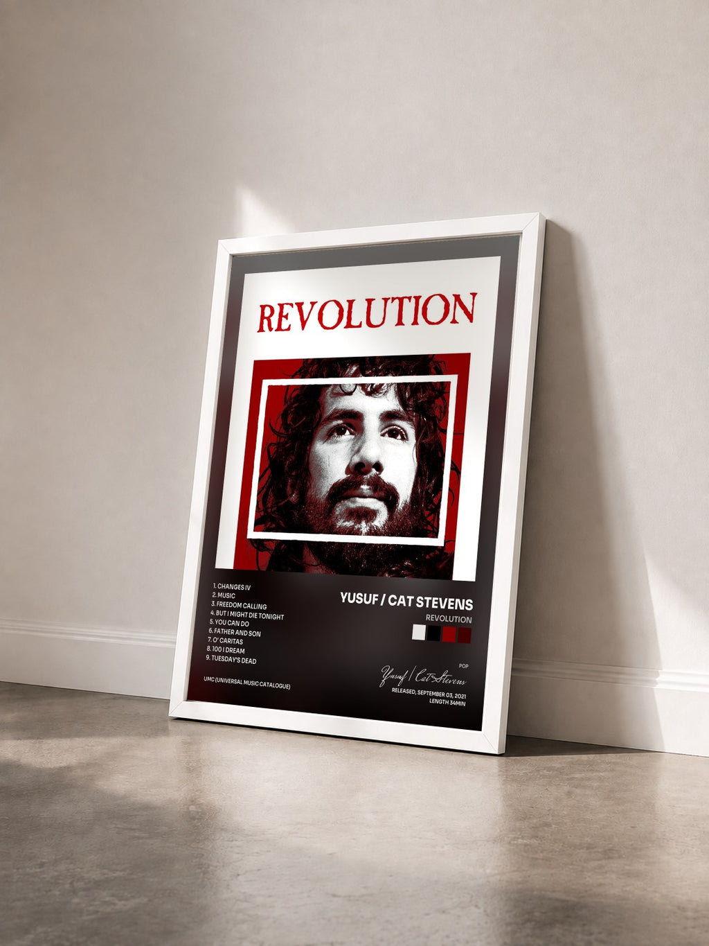 #blanc REVOLUTION de Yusuf / Cat Stevens en lámina enmarcada vista de tres cuartos, marco blanco