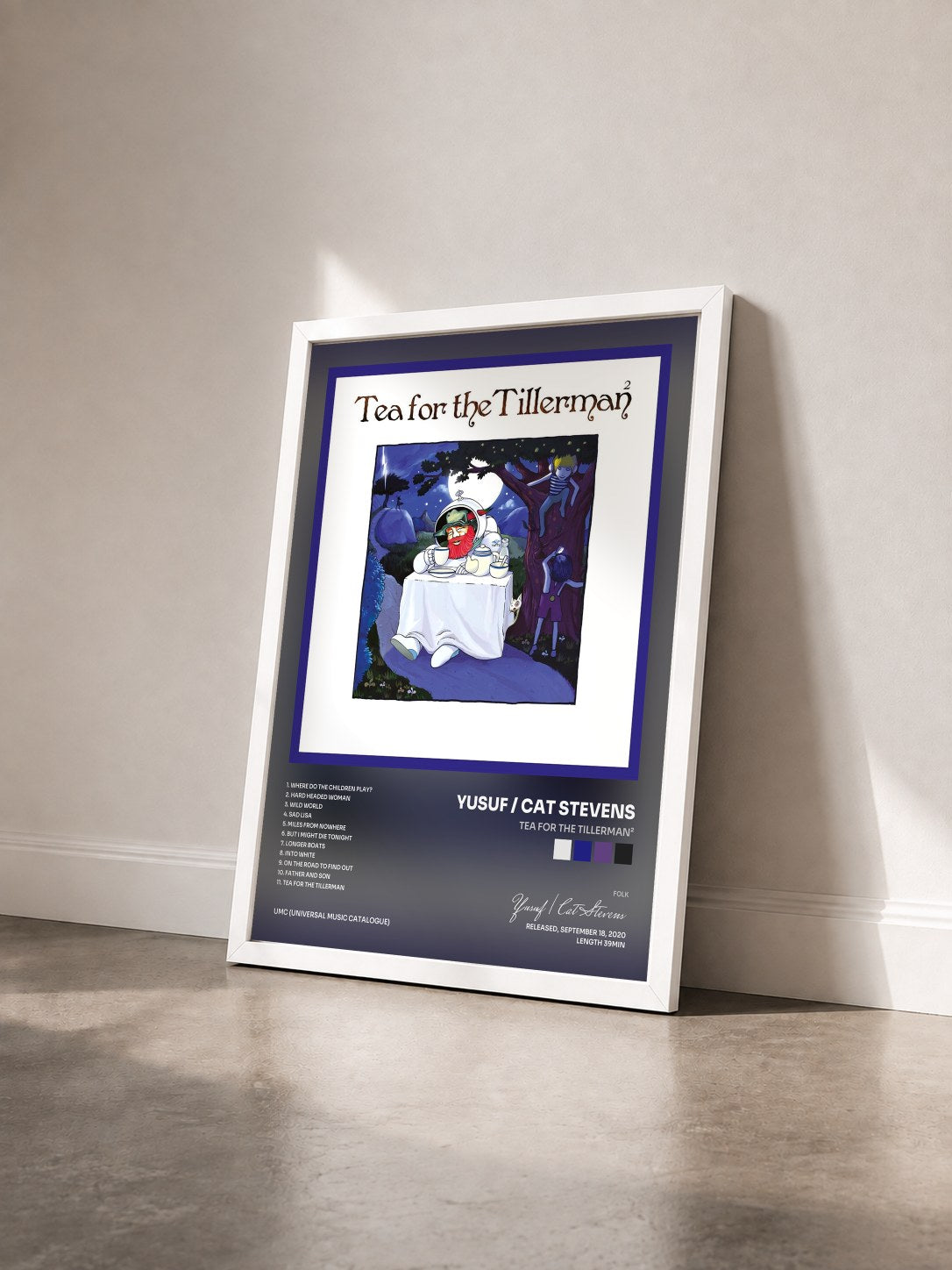 #blanc Tableau de l'album Tea For The Tillerman² de Yusuf / Cat Stevens vu de trois quarts, cadre blanc