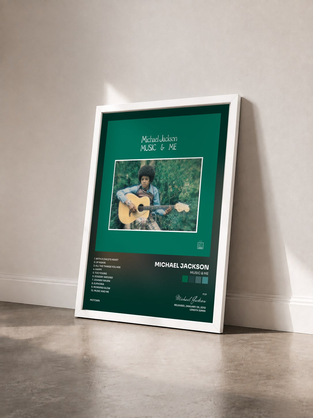 #blanc Tableau de l'album Music & Me de Michael Jackson vu de trois quarts, cadre blanc