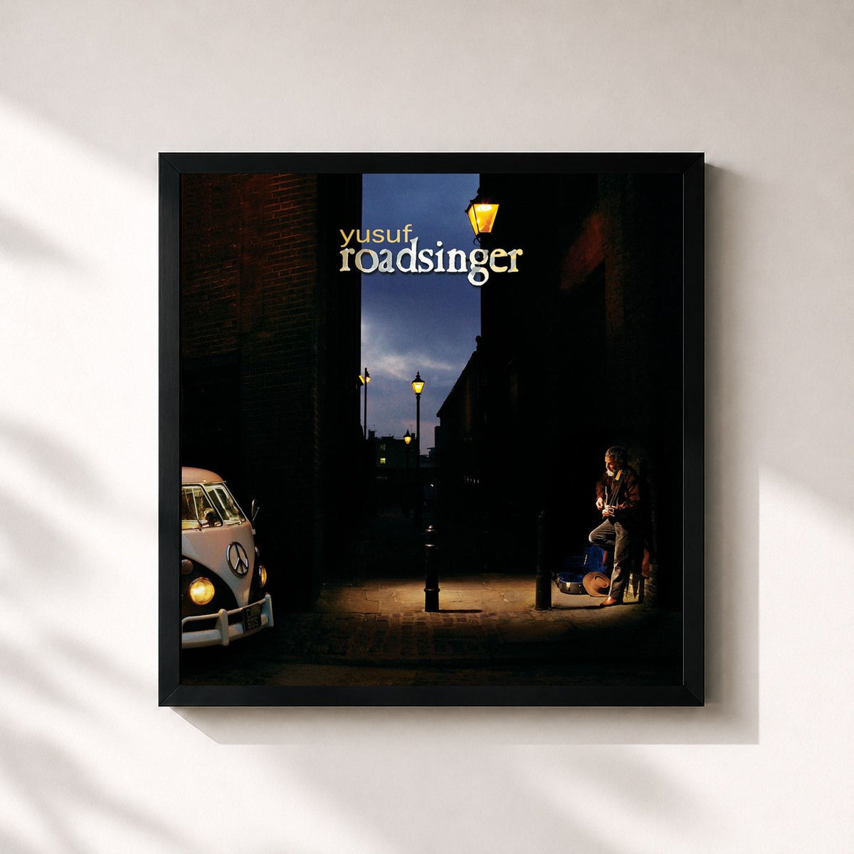 #noir Tableau carré de l'album Roadsinger de Yusuf / Cat Stevens, cadre noir 32x32 cm