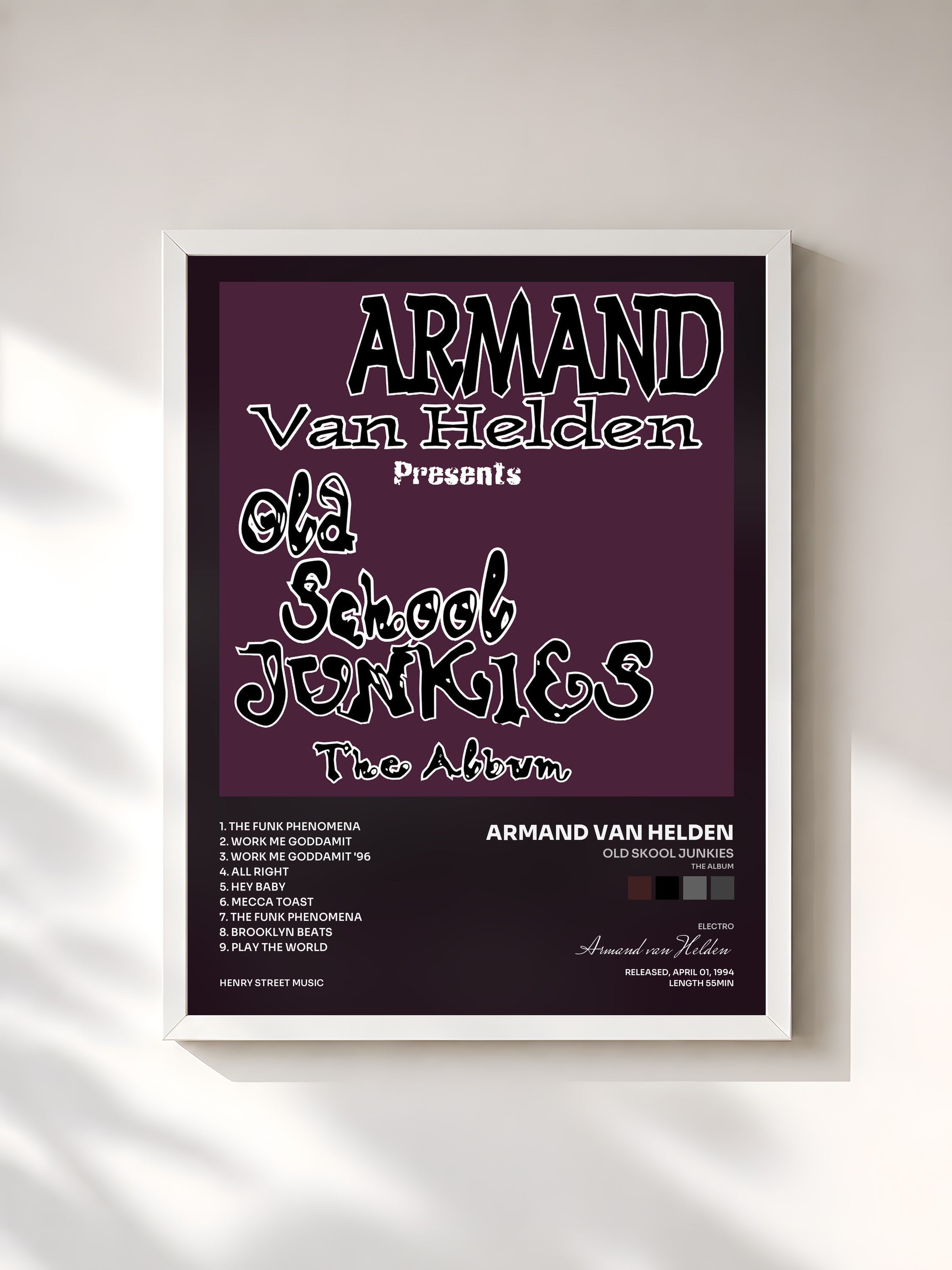#blanc Tableau de l'album Old Skool Junkies (The Album) de Armand van Helden, cadre blanc, imprimé et encadré en France