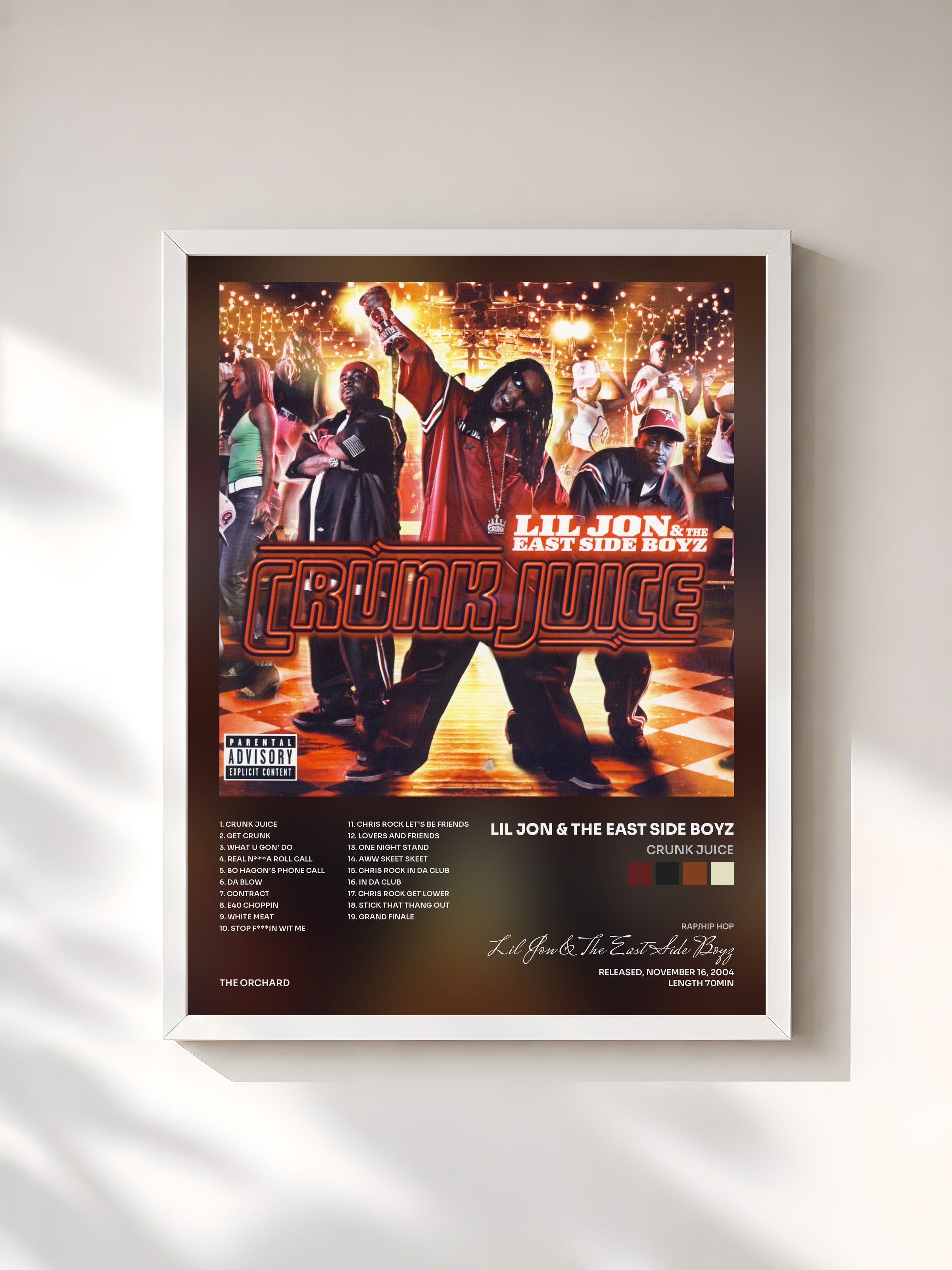#blanc Tableau de l'album Crunk Juice de Lil Jon & The East Side Boyz, cadre blanc, imprimé et encadré en France