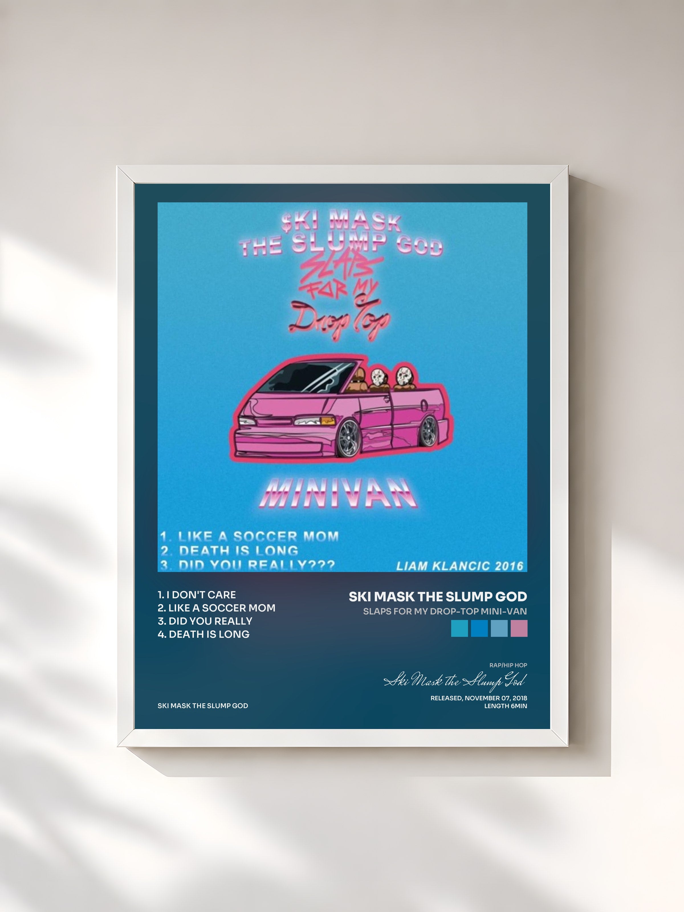 #blanc Tableau de l'album Slaps For My Drop-Top Mini-Van de Ski Mask the Slump God, cadre blanc, imprimé et encadré en France