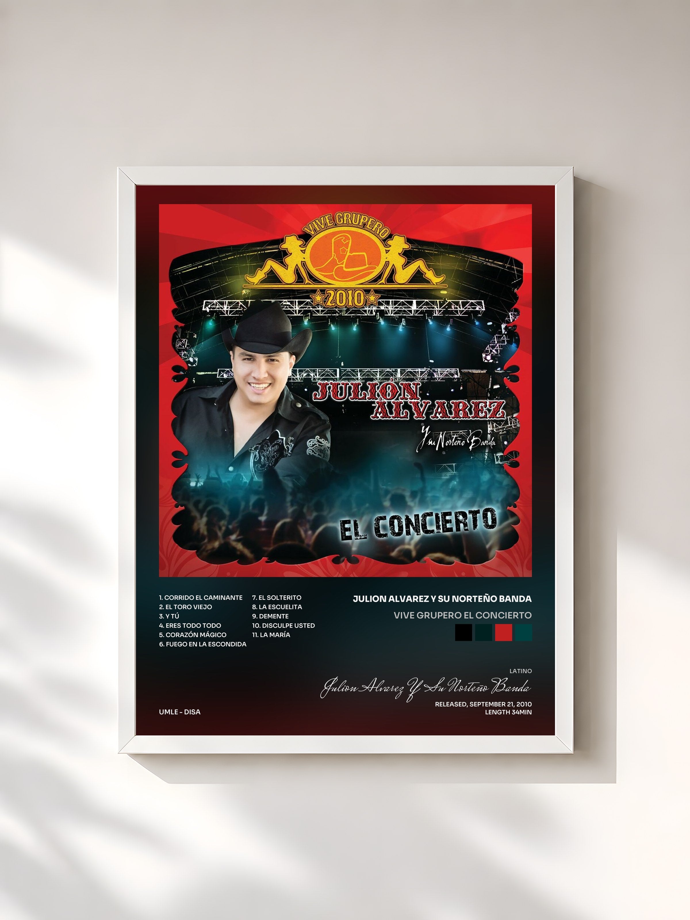 #blanc Tableau de l'album Vive Grupero El Concierto de Julion Alvarez Y Su Norteño Banda, cadre blanc, imprimé et encadré en France