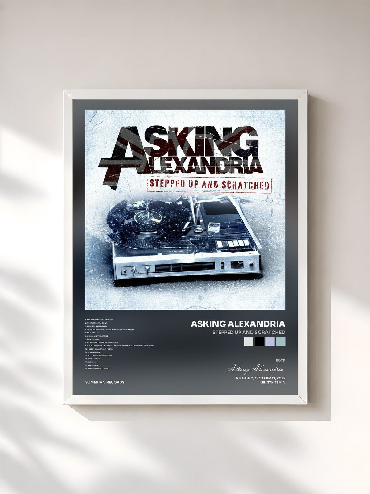 #blanc Tableau de l'album Stepped Up And Scratched de Asking Alexandria, cadre blanc, imprimé et encadré en France