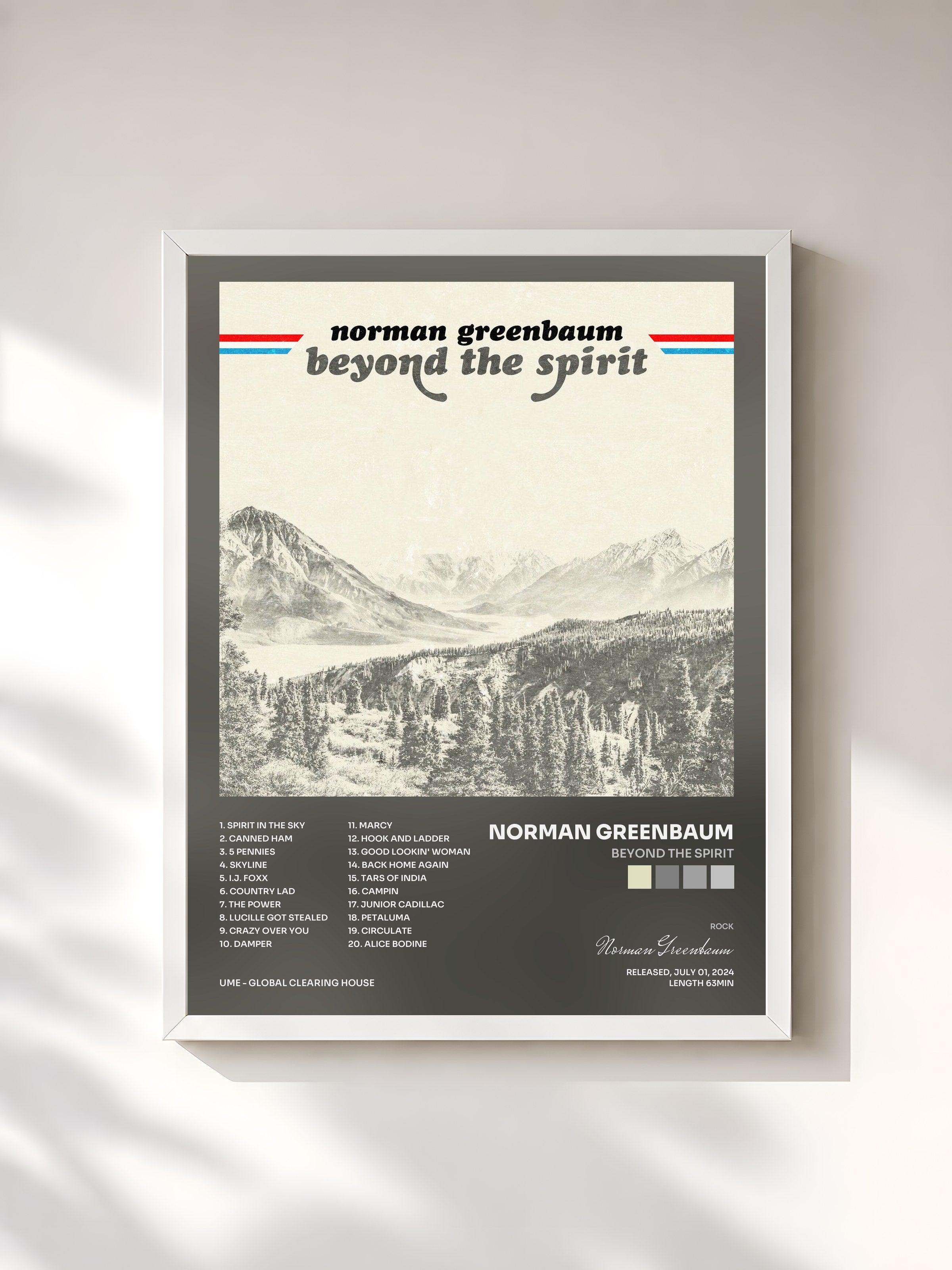 #blanc Tableau de l'album Beyond The Spirit de Norman Greenbaum, cadre blanc, imprimé et encadré en France
