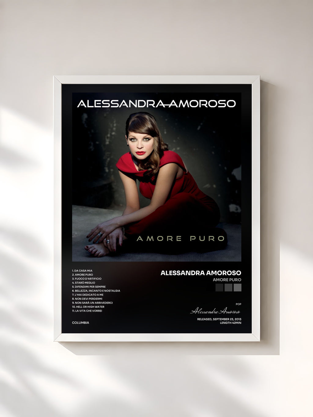 #blanc Tableau de l'album Amore Puro de Alessandra Amoroso, cadre blanc, imprimé et encadré en France