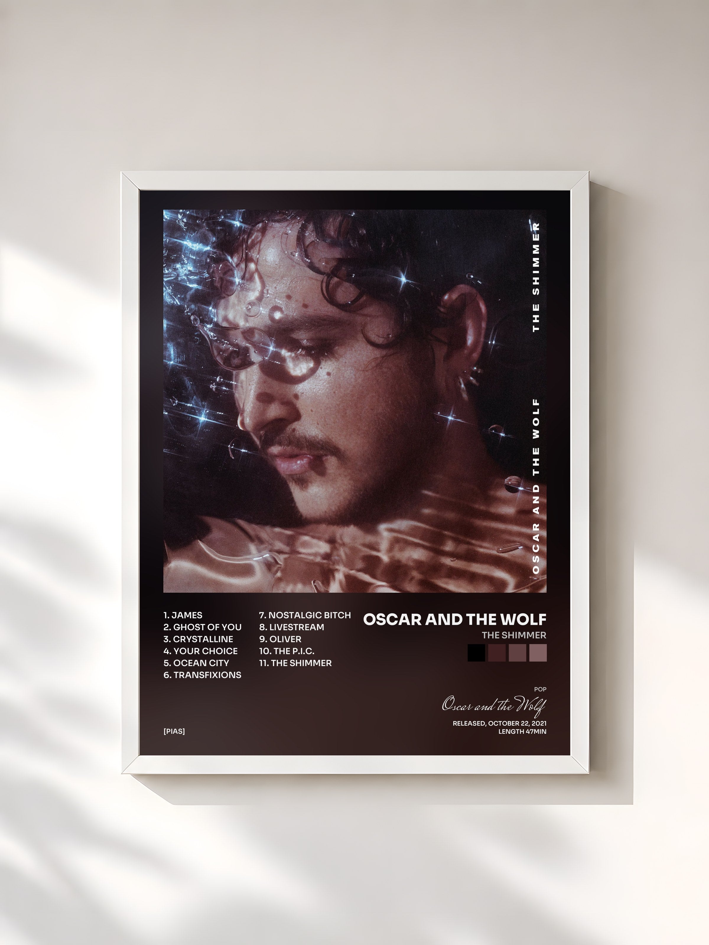 #blanc Tableau de l'album The Shimmer de Oscar and the Wolf, cadre blanc, imprimé et encadré en France