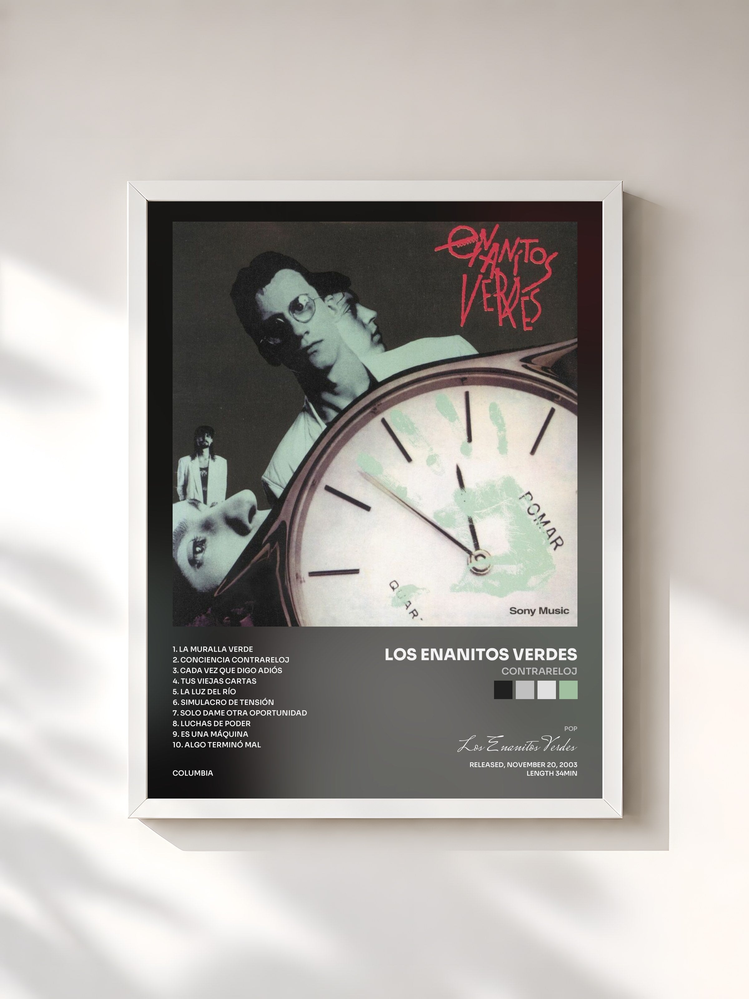 #blanc Tableau de l'album Contrareloj de Los Enanitos Verdes, cadre blanc, imprimé et encadré en France