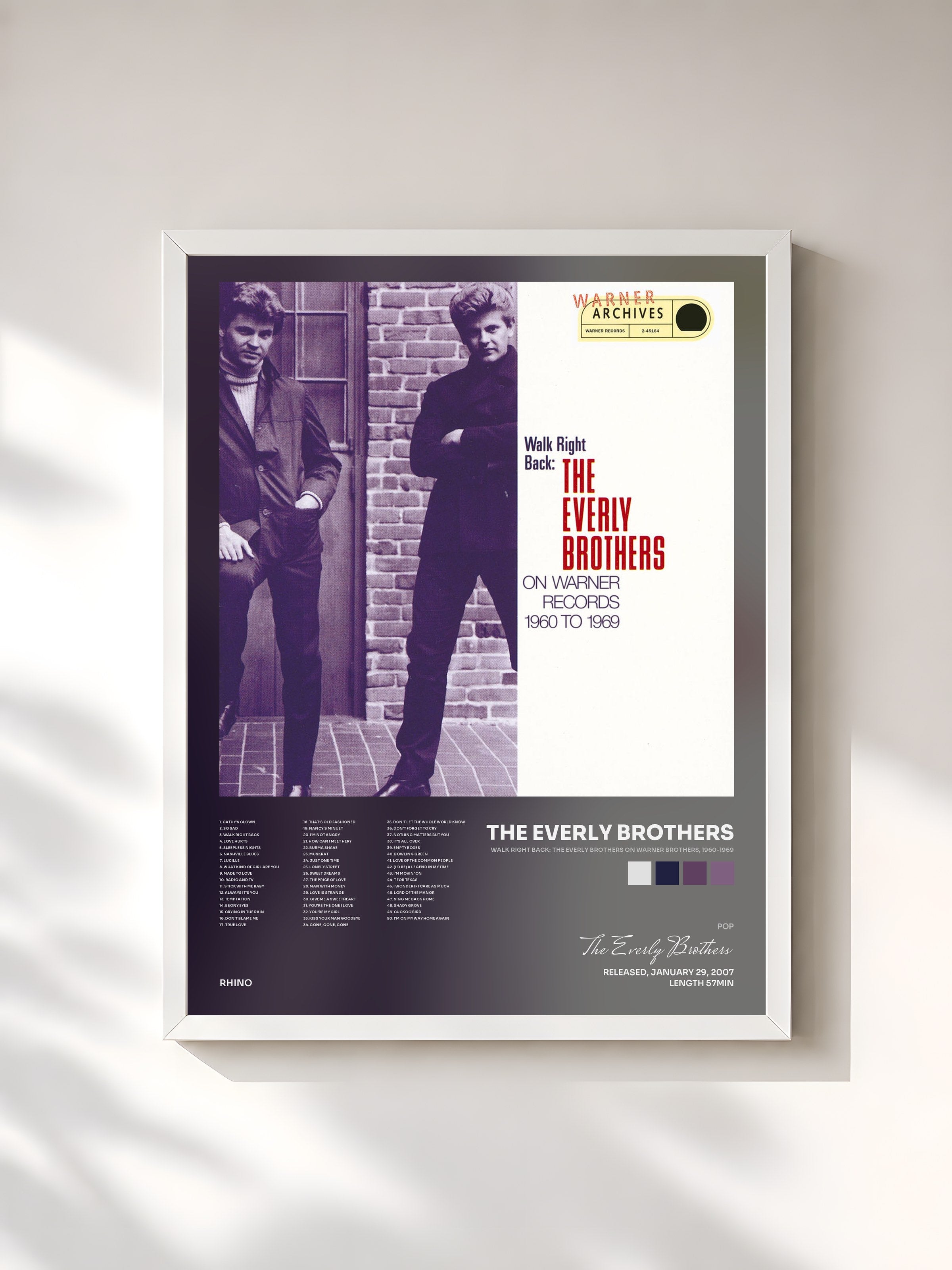 #blanc Tableau de l'album Walk Right Back: The Everly Brothers on Warner Brothers, 1960-1969 de The Everly Brothers, cadre blanc, imprimé et encadré en France