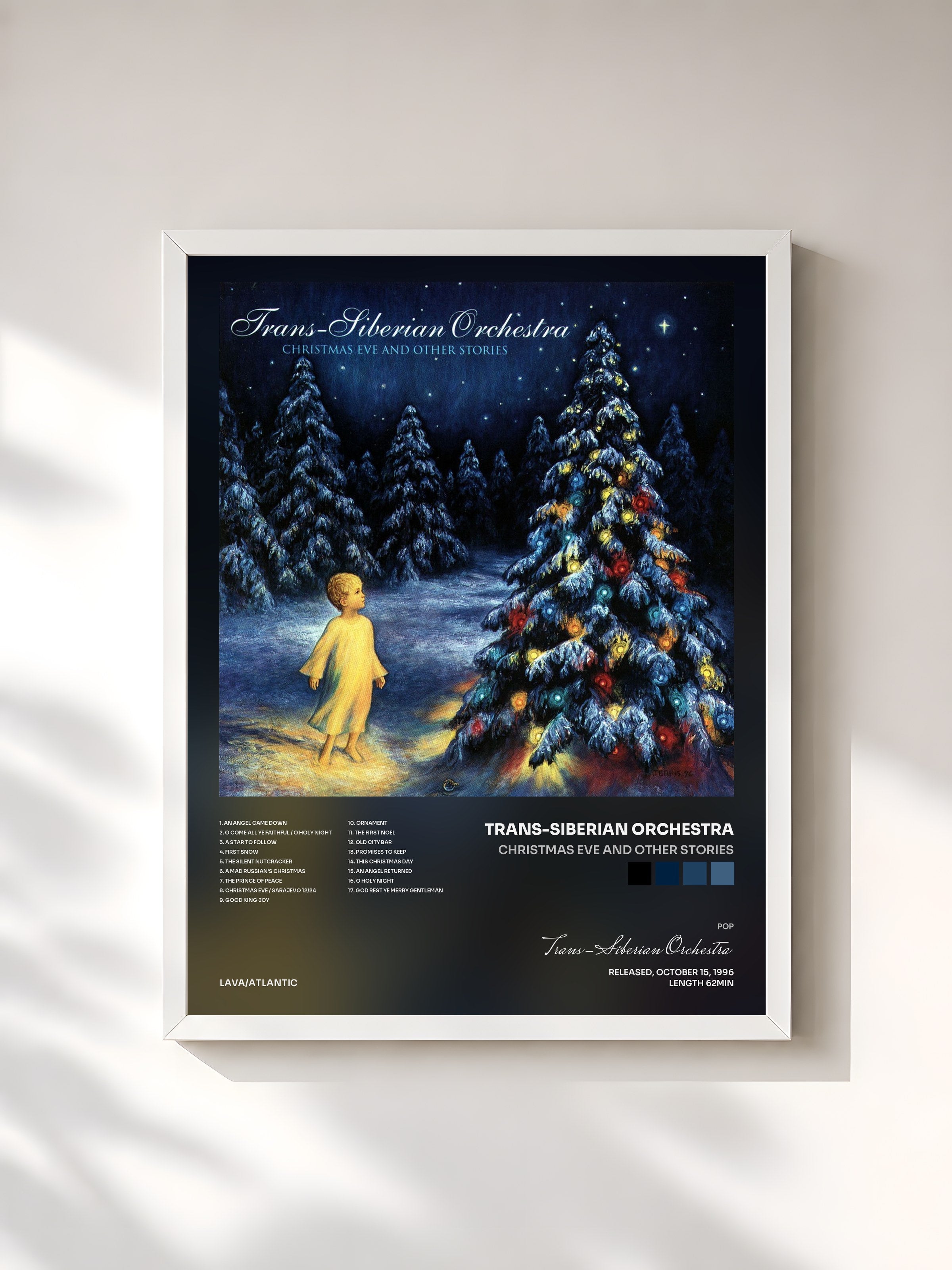 #blanc Tableau de l'album Christmas Eve and Other Stories de Trans-Siberian Orchestra, cadre blanc, imprimé et encadré en France