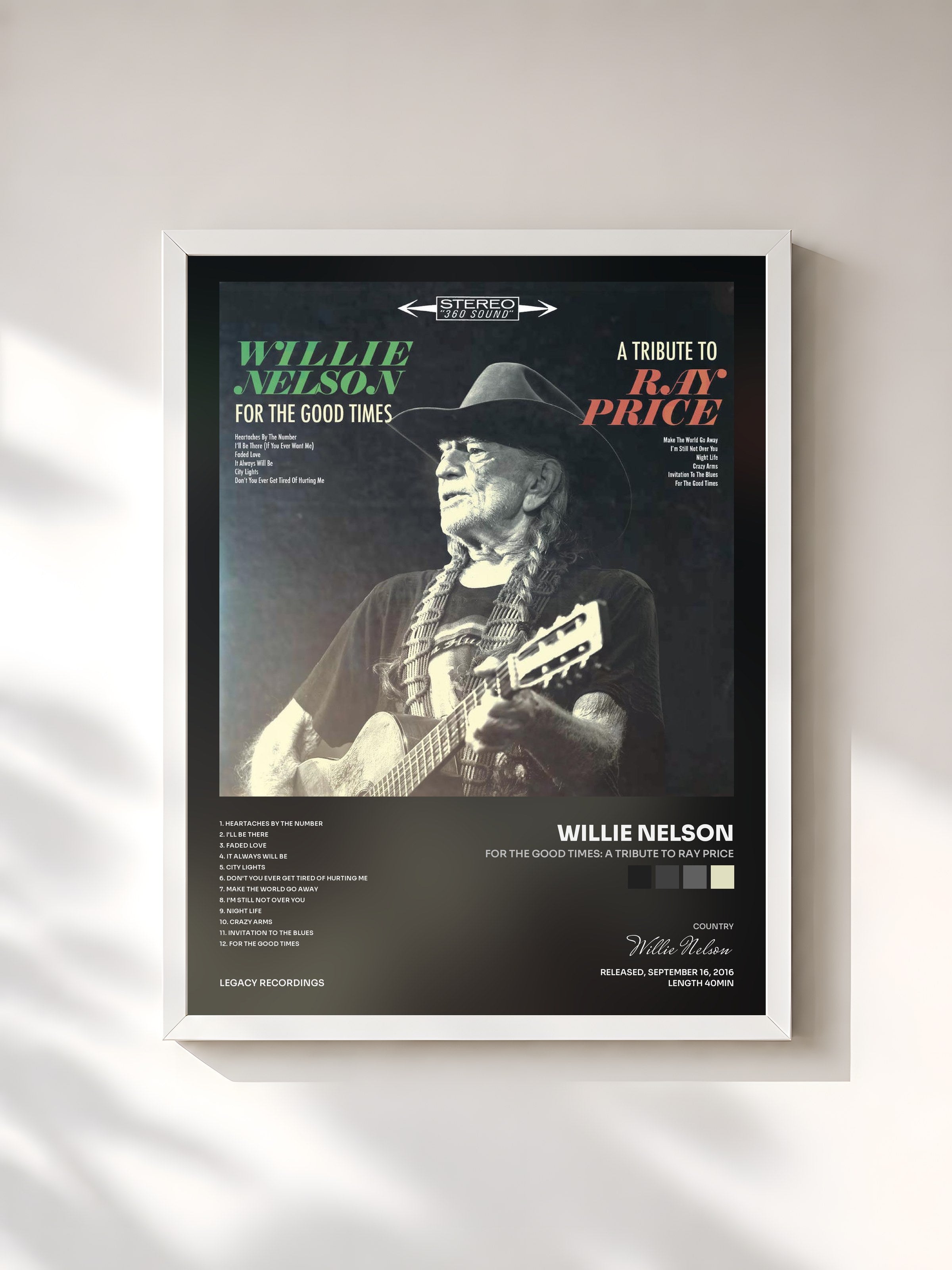 #blanc Tableau de l'album For the Good Times: A Tribute to Ray Price de Willie Nelson, cadre blanc, imprimé et encadré en France