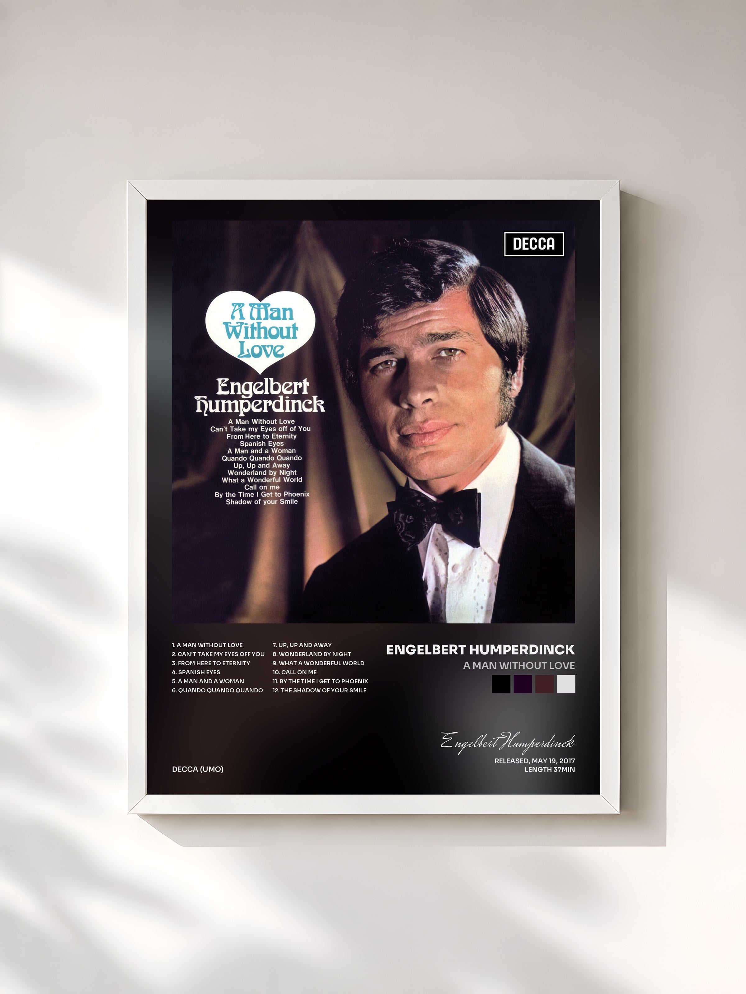 #blanc Tableau de l'album A Man Without Love de Engelbert Humperdinck, cadre blanc, imprimé et encadré en France