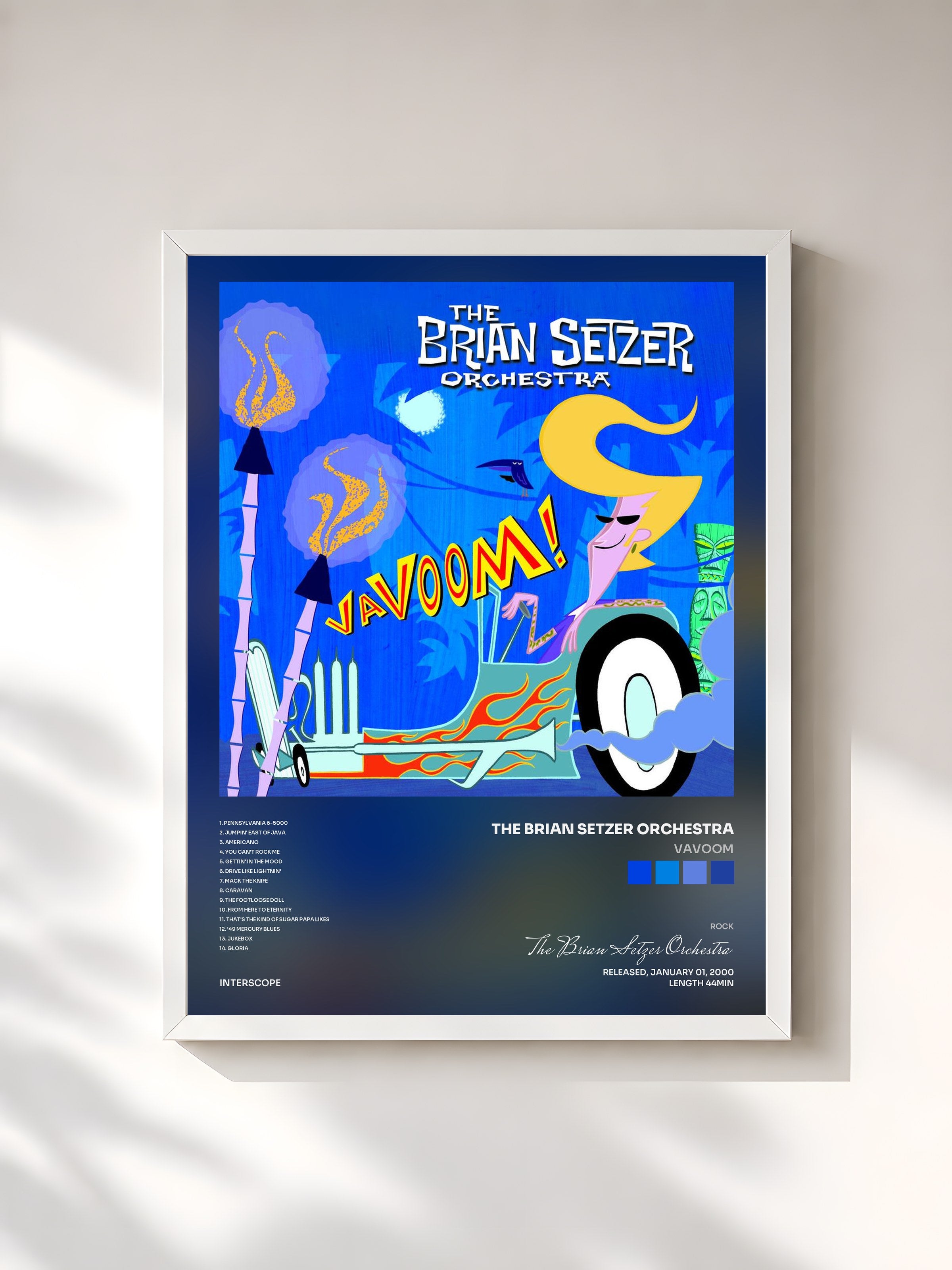 #blanc Tableau de l'album Vavoom de The Brian Setzer Orchestra, cadre blanc, imprimé et encadré en France