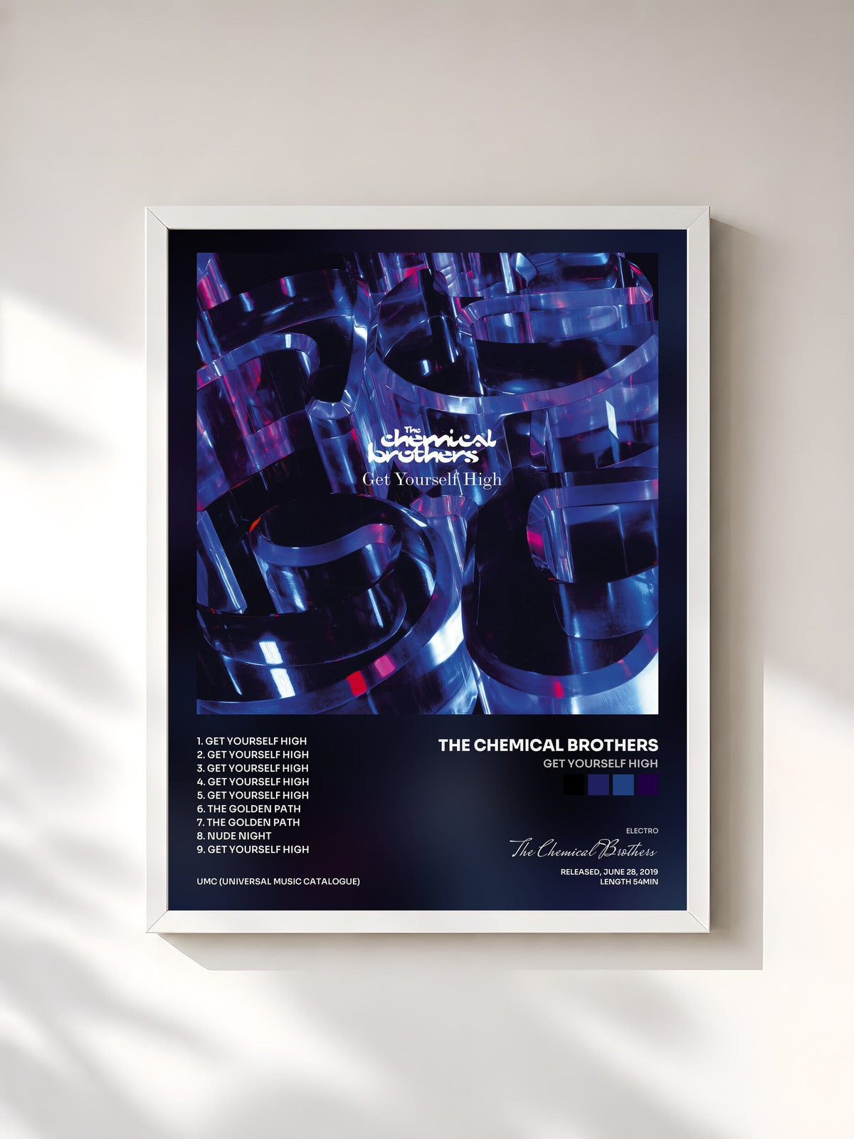 #blanc Tableau de l'album Get Yourself High de The Chemical Brothers, cadre blanc, imprimé et encadré en France