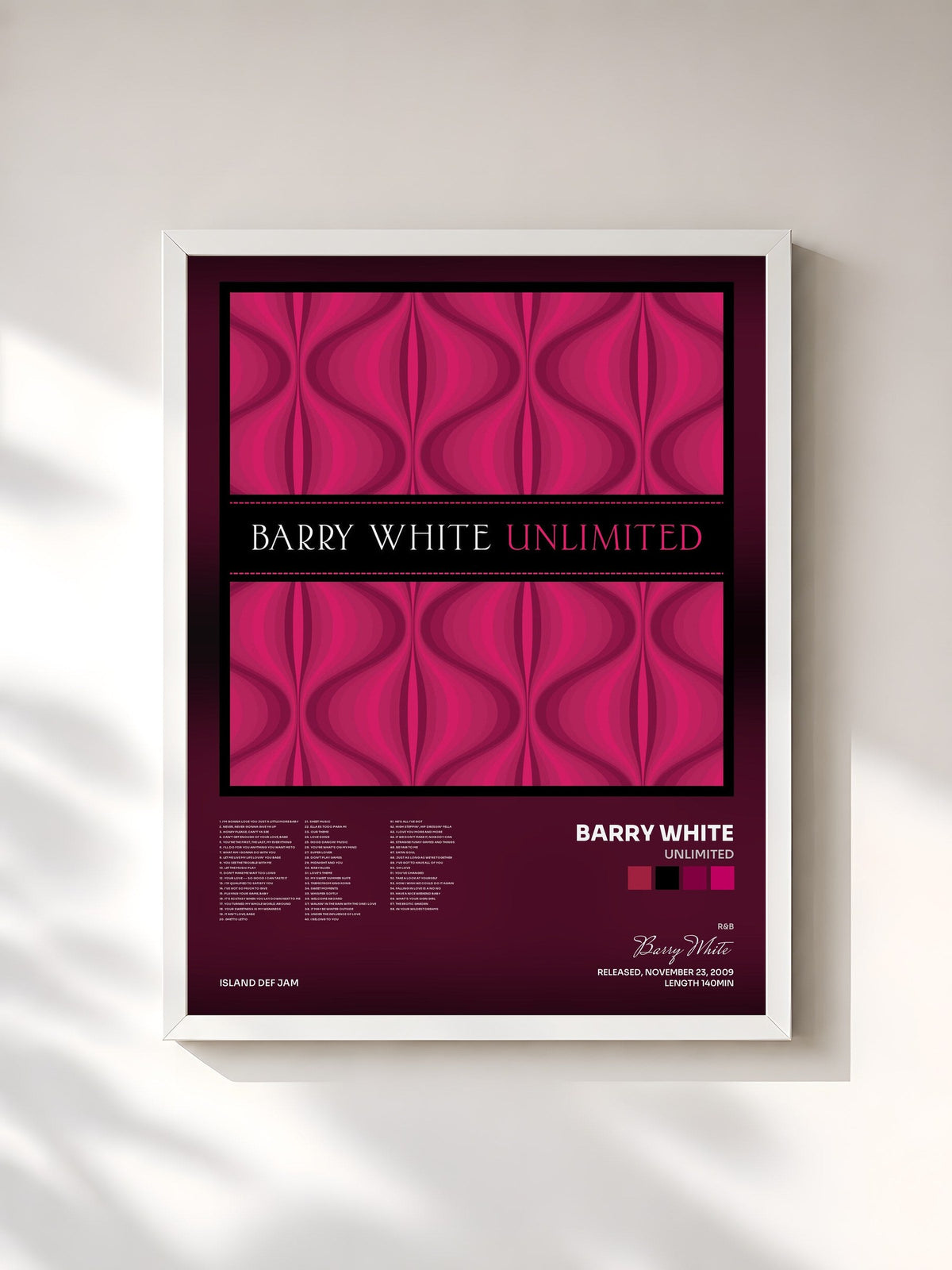#blanc Unlimited de Barry White en lámina enmarcada, marco blanco, impresa y enmarcada en Francia