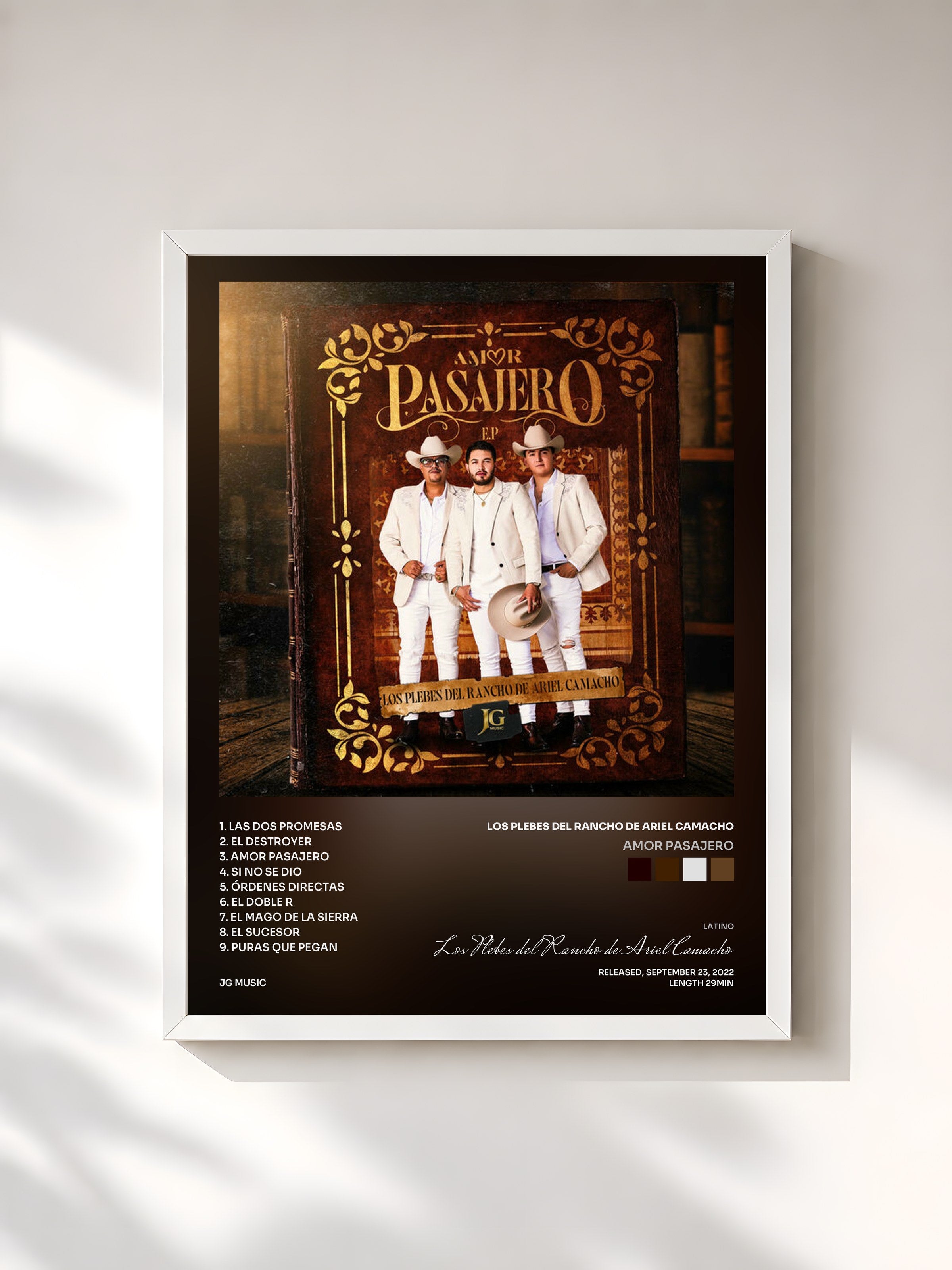 #blanc Tableau de l'album Amor Pasajero de Los Plebes del Rancho de Ariel Camacho, cadre blanc, imprimé et encadré en France
