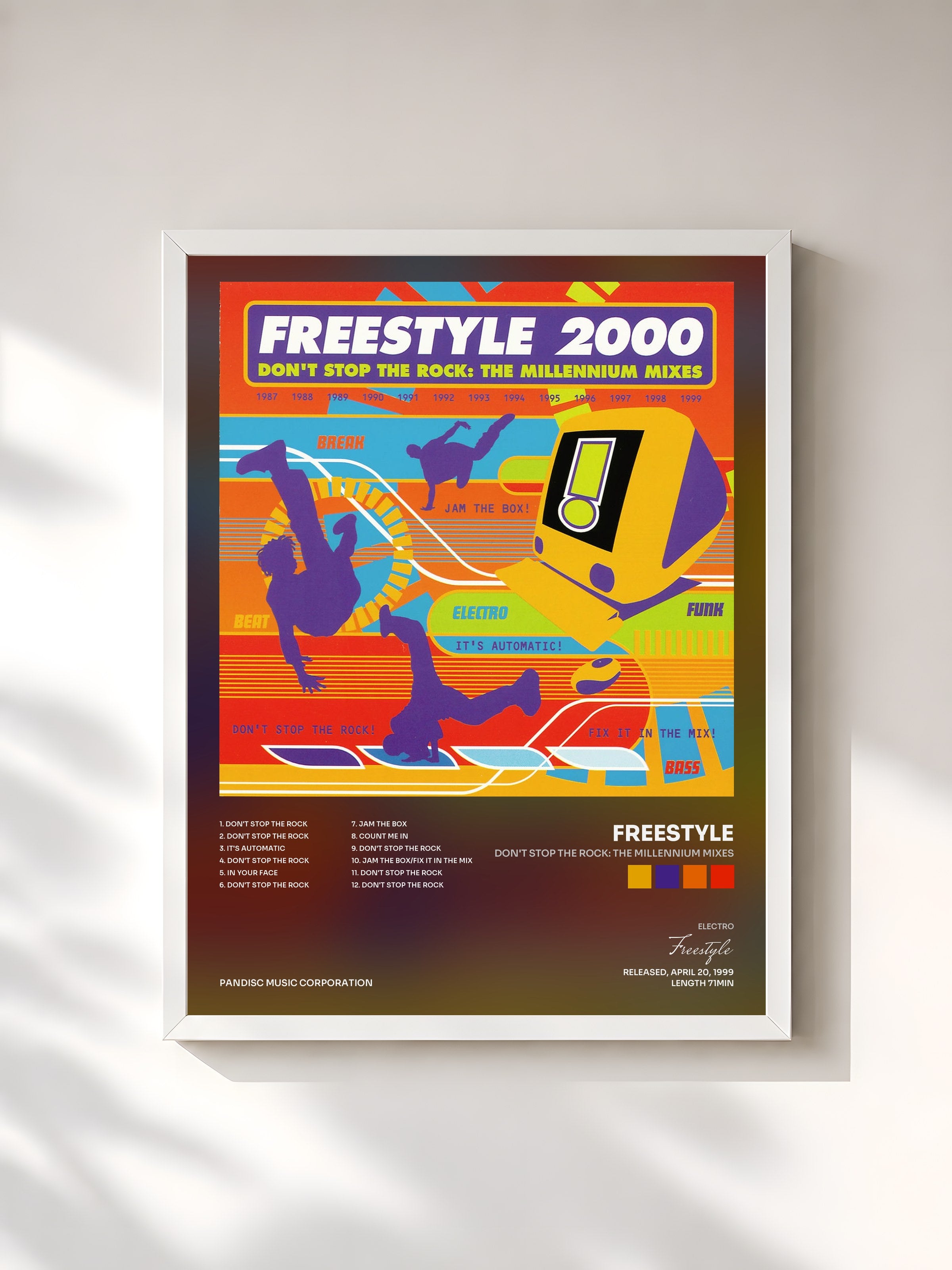 #blanc Tableau de l'album Don't Stop The Rock: The Millennium Mixes de Freestyle, cadre blanc, imprimé et encadré en France