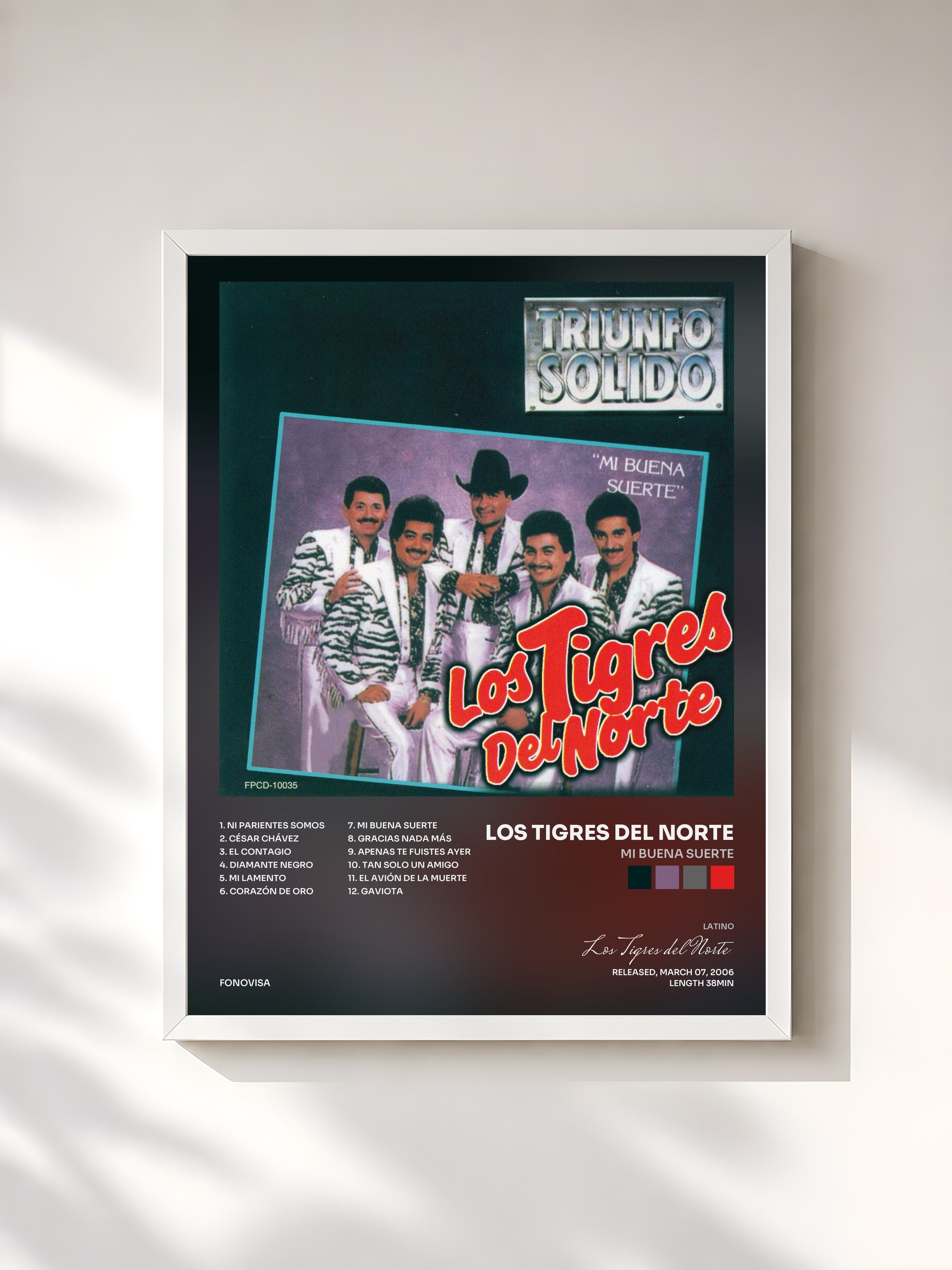 #blanc Tableau de l'album Mi Buena Suerte de Los Tigres del Norte, cadre blanc, imprimé et encadré en France