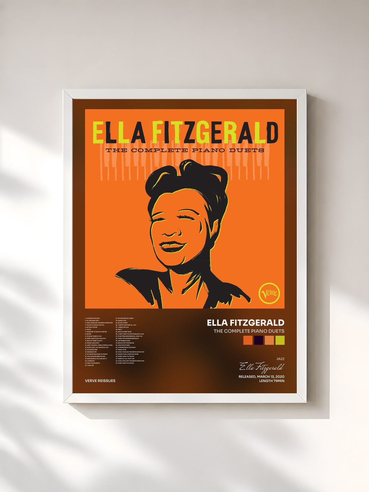 #blanc Tableau de l'album The Complete Piano Duets de Ella Fitzgerald, cadre blanc, imprimé et encadré en France