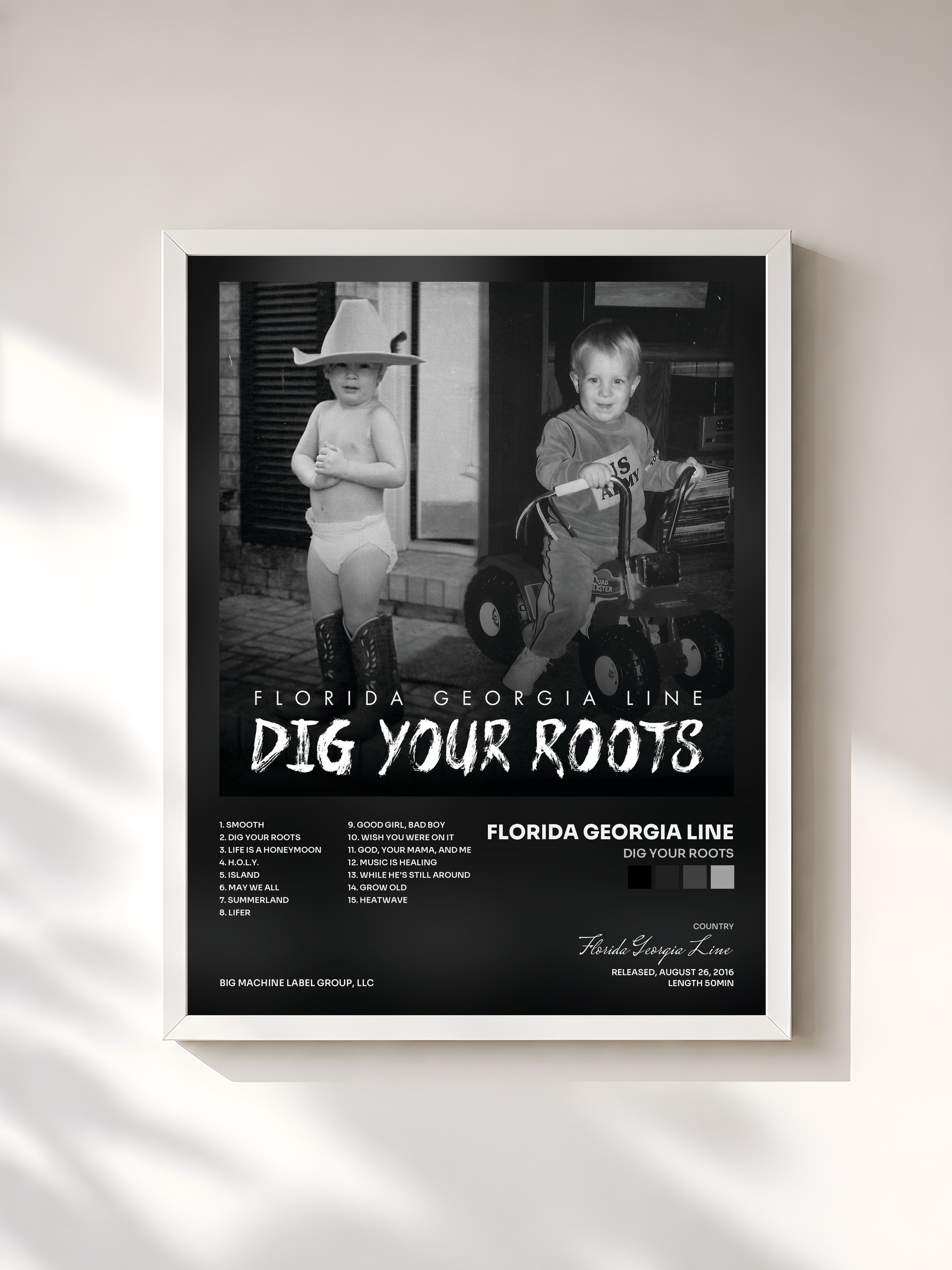 #blanc Tableau de l'album Dig Your Roots de Florida Georgia Line, cadre blanc, imprimé et encadré en France
