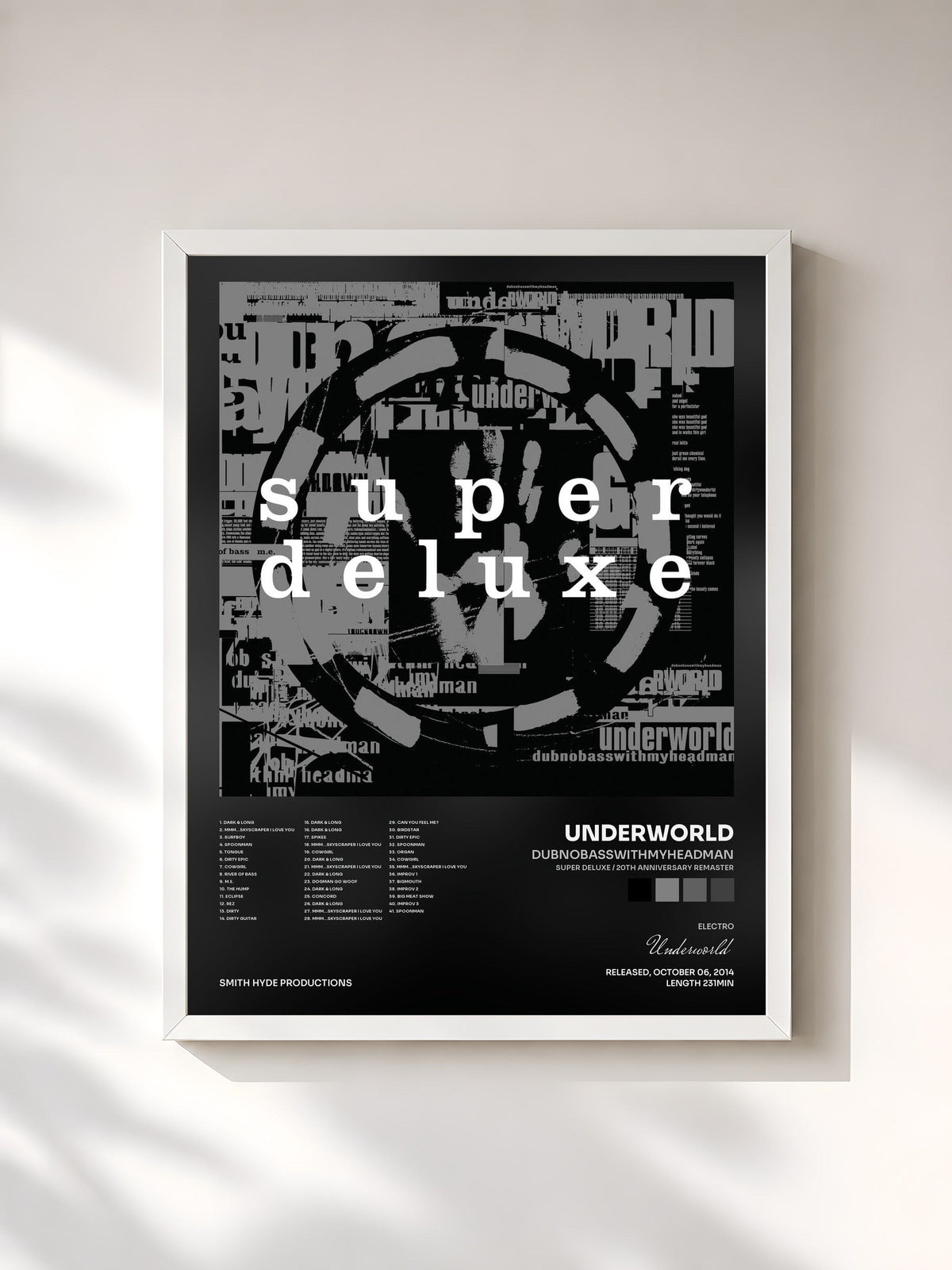 #blanc Dubnobasswithmyheadman (Super Deluxe / 20th Anniversary Remaster) by Underworld as a framed art print, white frame, printed and framed in France