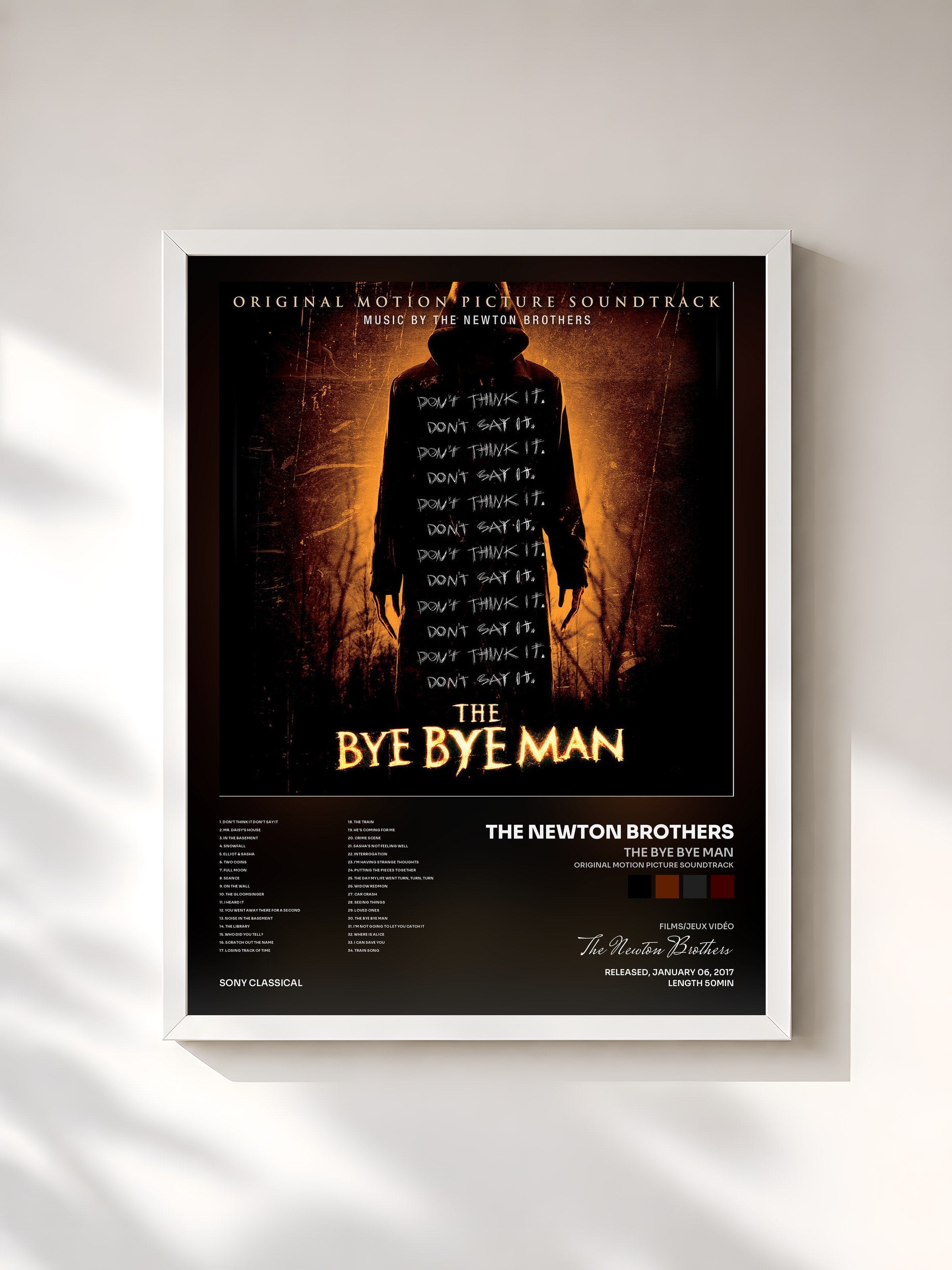 #blanc Tableau de l'album The Bye Bye Man (Original Motion Picture Soundtrack) de The Newton Brothers, cadre blanc, imprimé et encadré en France