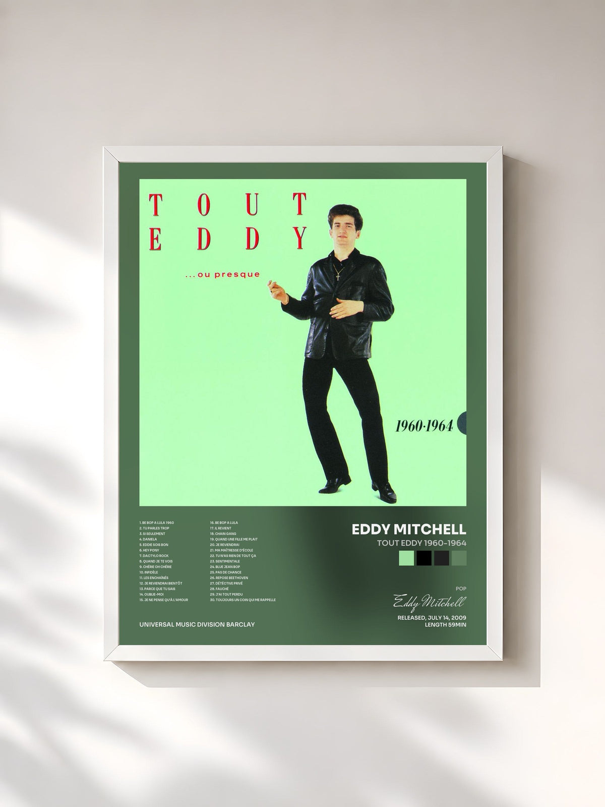 #blanc Tableau de l'album Tout Eddy 1960-1964 de Eddy Mitchell, cadre blanc, imprimé et encadré en France