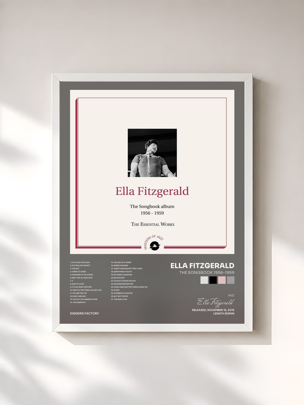 #blanc Tableau de l'album The Songbook 1956-1959 de Ella Fitzgerald, cadre blanc, imprimé et encadré en France