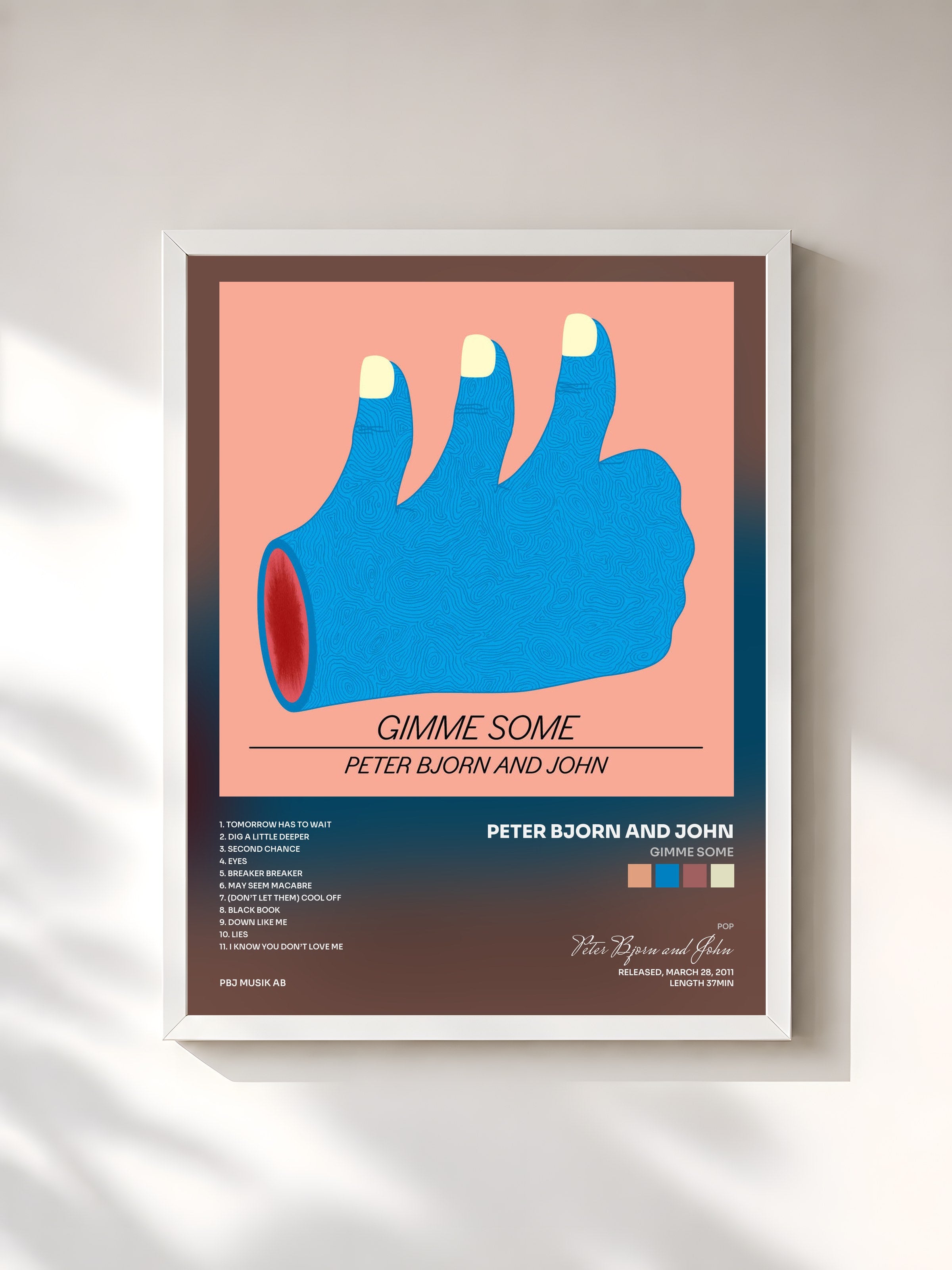 #blanc Tableau de l'album Gimme Some de Peter Bjorn and John, cadre blanc, imprimé et encadré en France