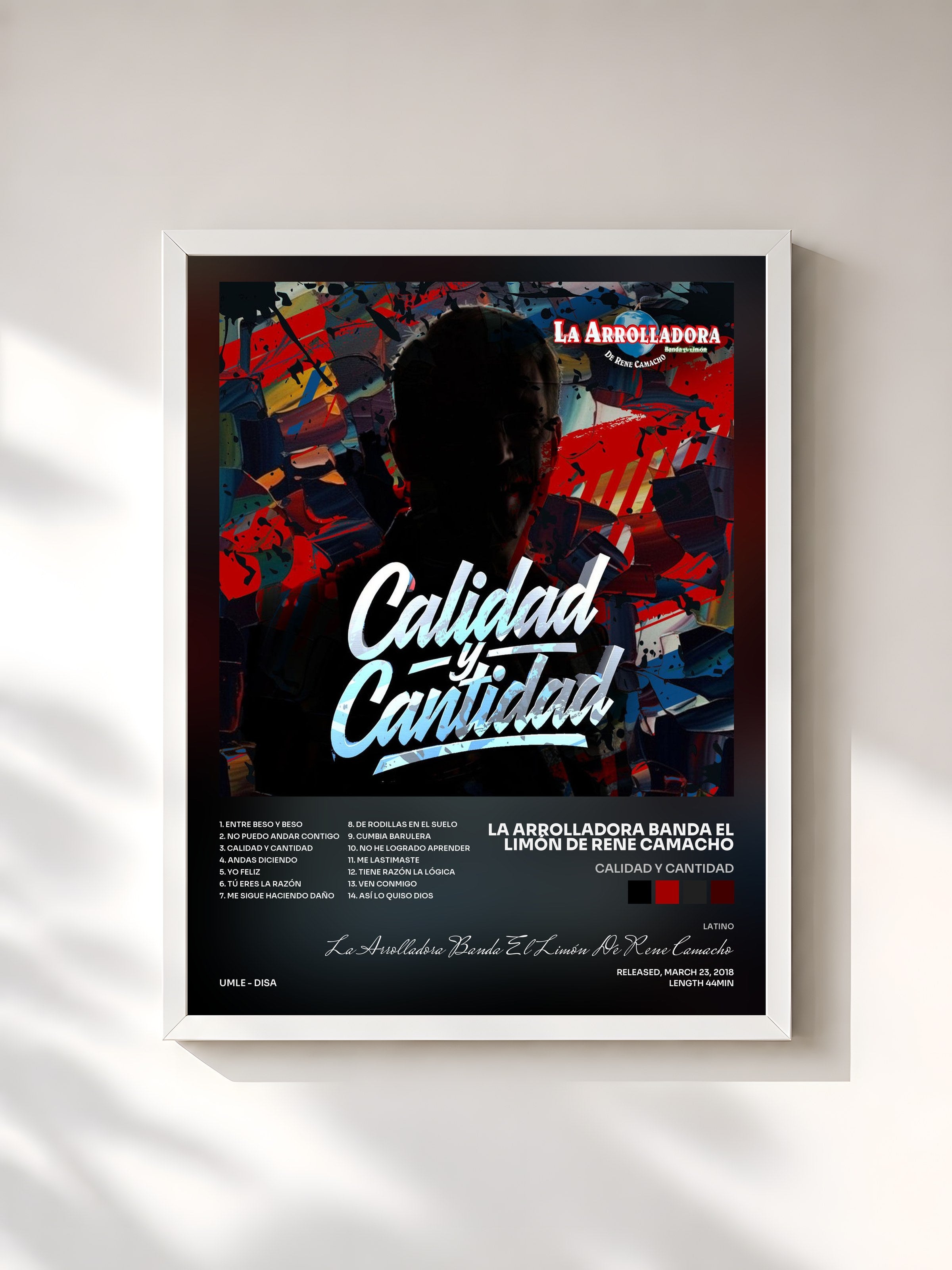 #blanc Tableau de l'album Calidad Y Cantidad de La Arrolladora Banda El Limón De Rene Camacho, cadre blanc, imprimé et encadré en France