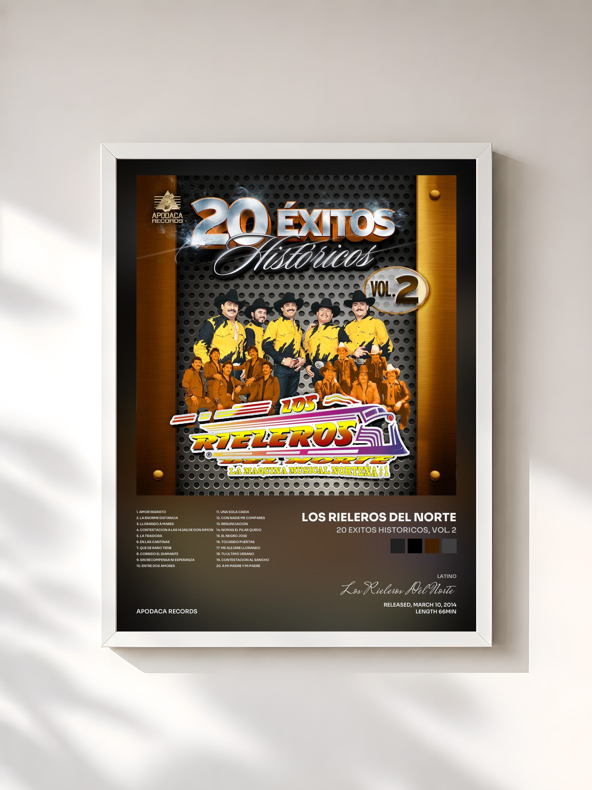 #blanc Tableau de l'album 20 Exitos Historicos, Vol. 2 de Los Rieleros Del Norte, cadre blanc, imprimé et encadré en France