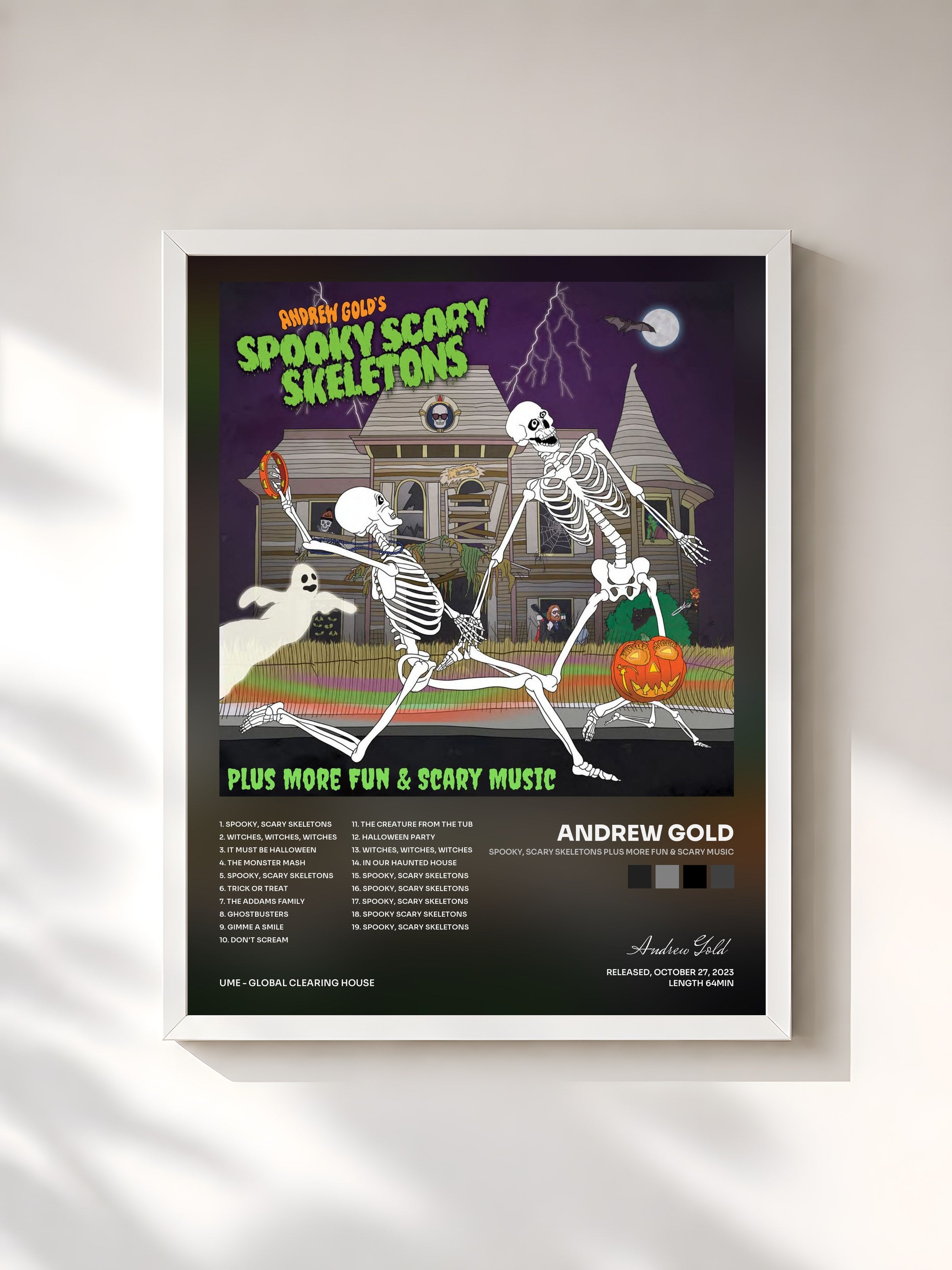 #blanc Tableau de l'album Spooky, Scary Skeletons Plus More Fun & Scary Music de Andrew Gold, cadre blanc, imprimé et encadré en France